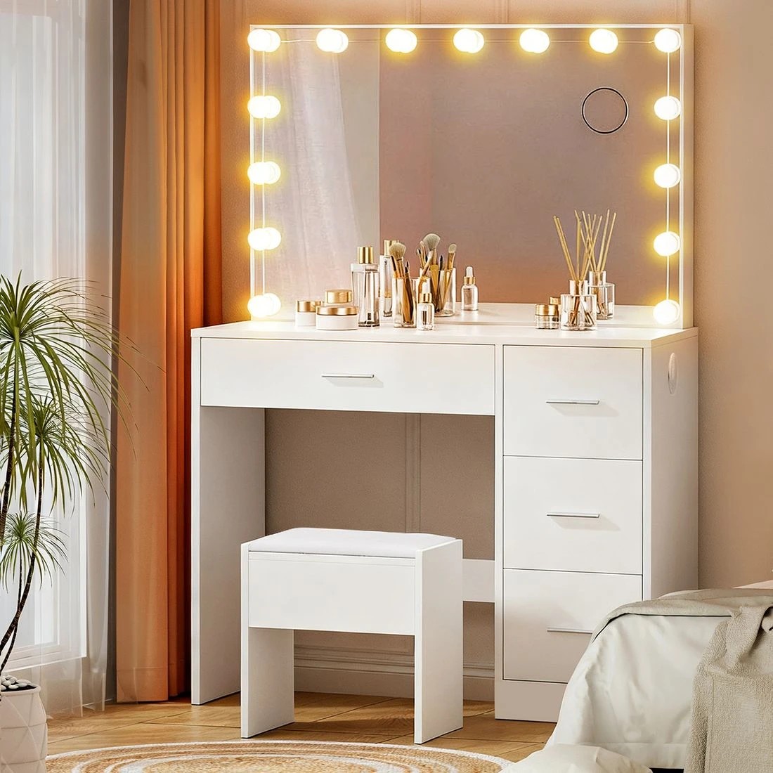 1 Artiss Dressing Table Set Stool 15 Led Bulbs  Darcy - White, 1 of 8
