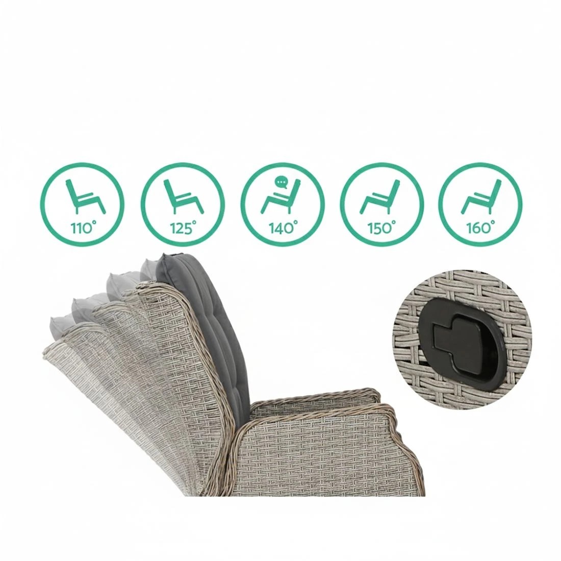 4 Gardeon 5PC Recliner Chairs Table Sun lounge Wicker Outdoor Furniture Adjustable - Grey, 4 of 5