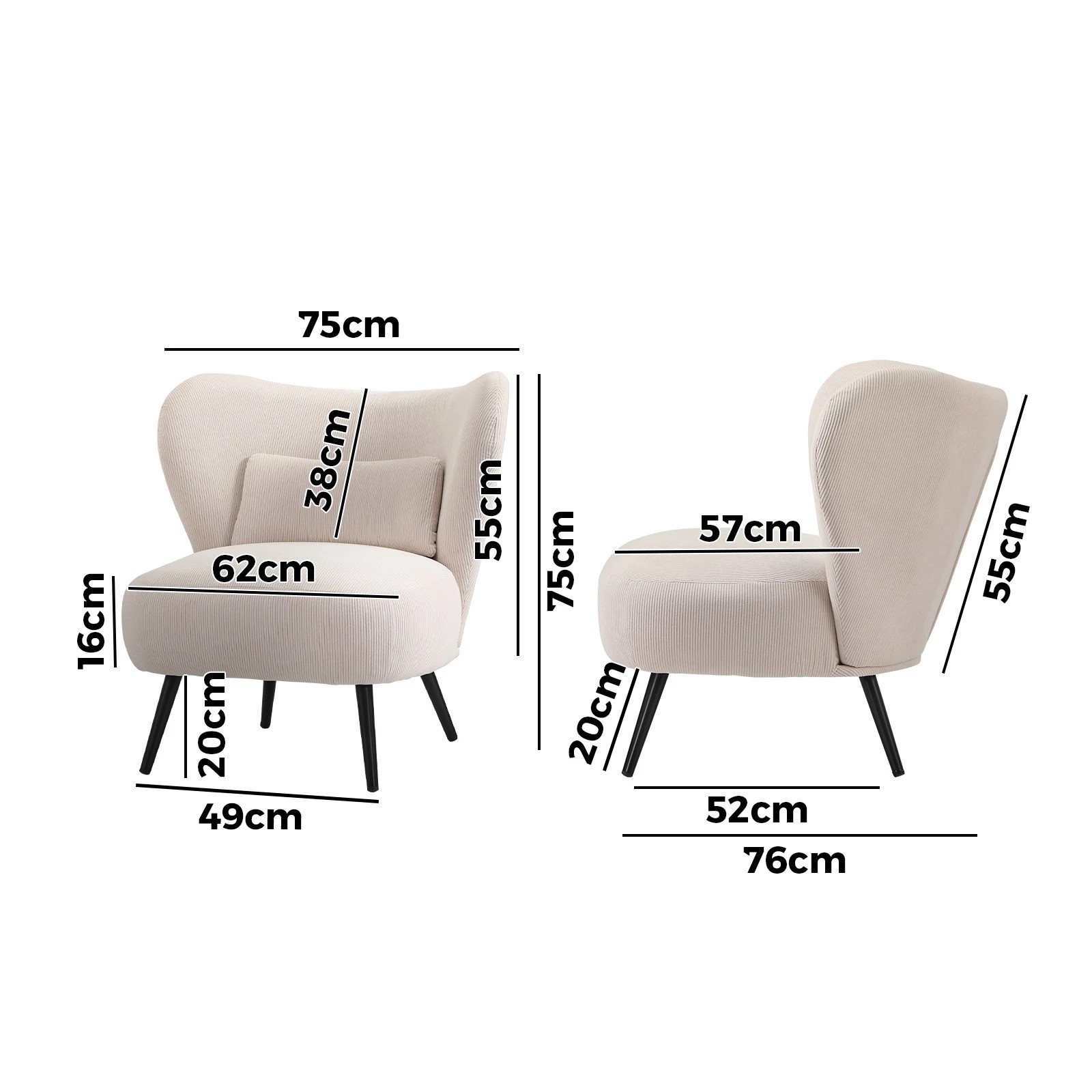 2 Oikiture 2x Armchair Lounge Chair with Lumbar Pillow Wingback Velvet - Beige, 2 of 10