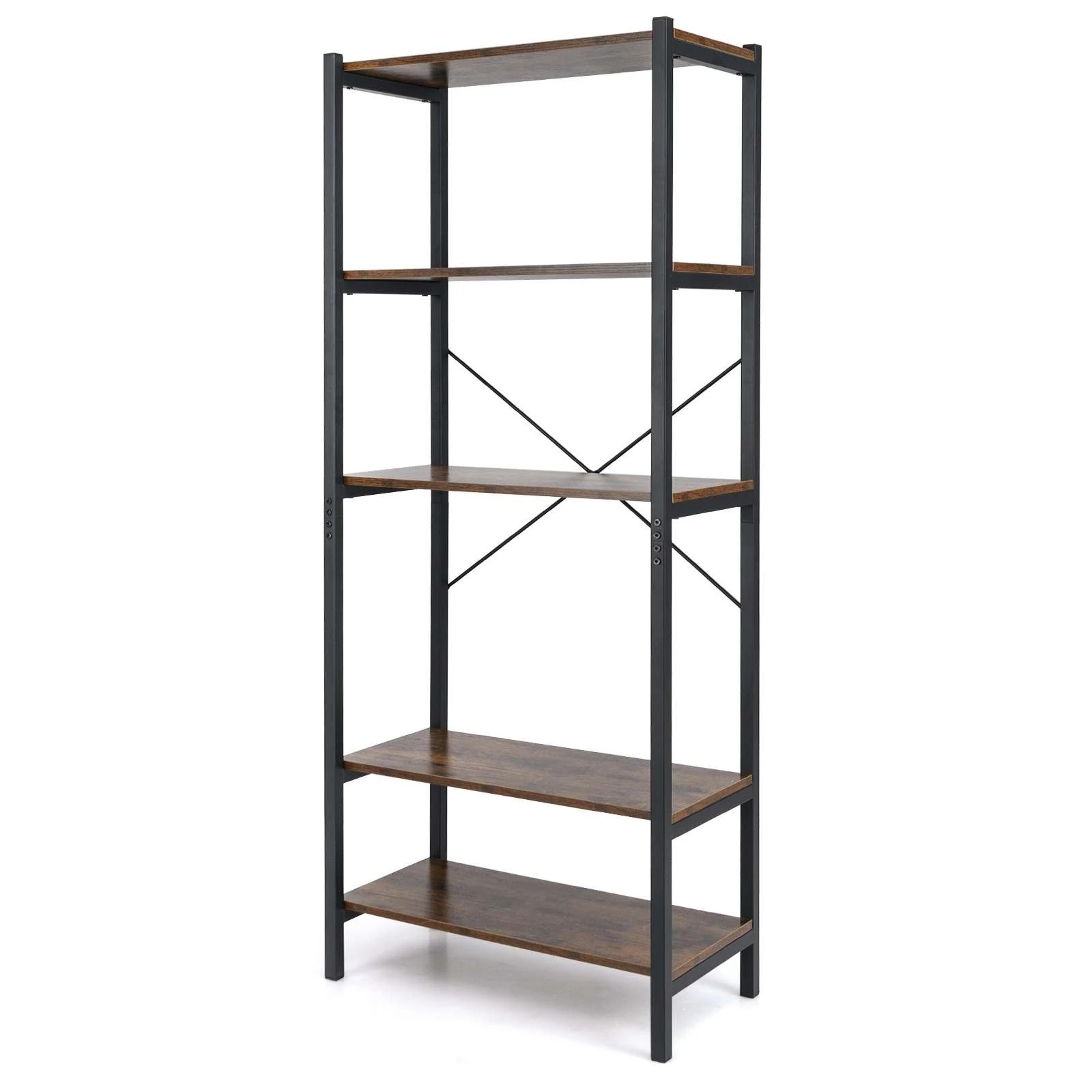 1 Costway 5-Tier Bookshelf Bookcase w/Metal Frame & Dual Anti-Tipping Kits Storage Rack - Brown, 1 of 5