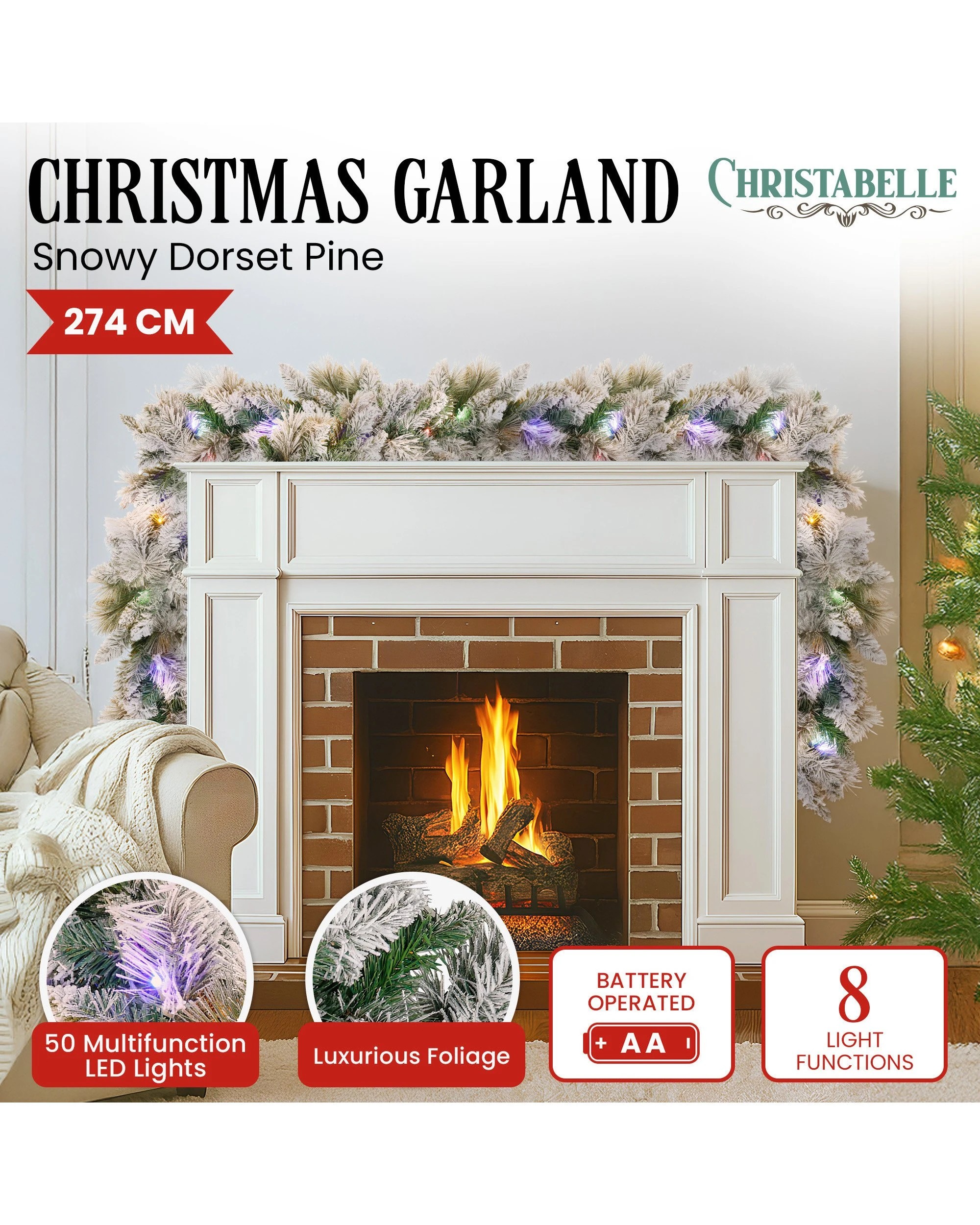 2 Christabelle 2.7m Snowy Christmas Garland Dorset Pine Pre-lit With Multi-function Led Lights Door Decoration, 2 of 7