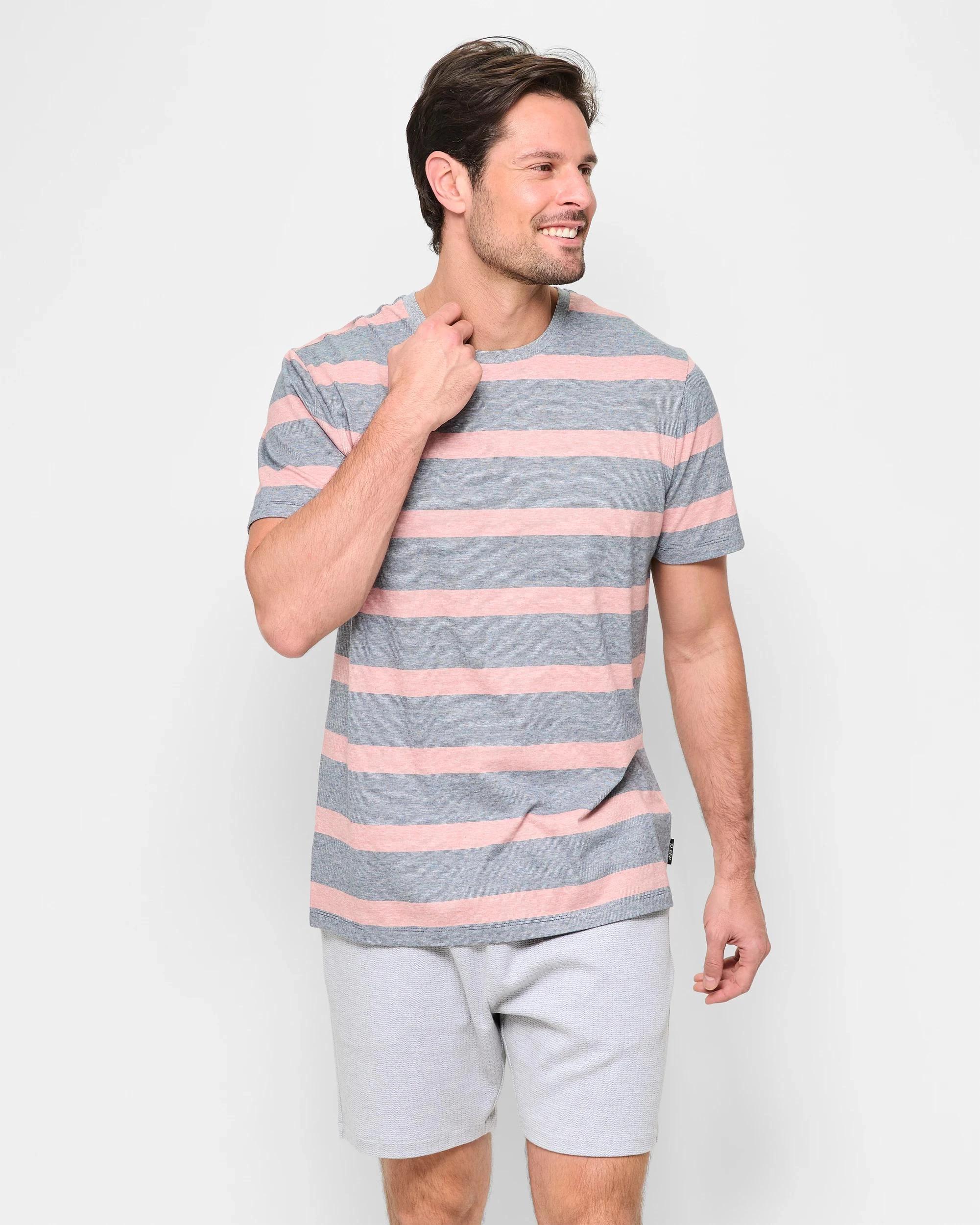 1 Mens Australian Cotton Stripe Sleep T-Shirt - Maxx BRICK RED/NAVY STRIPE, 1 of 5