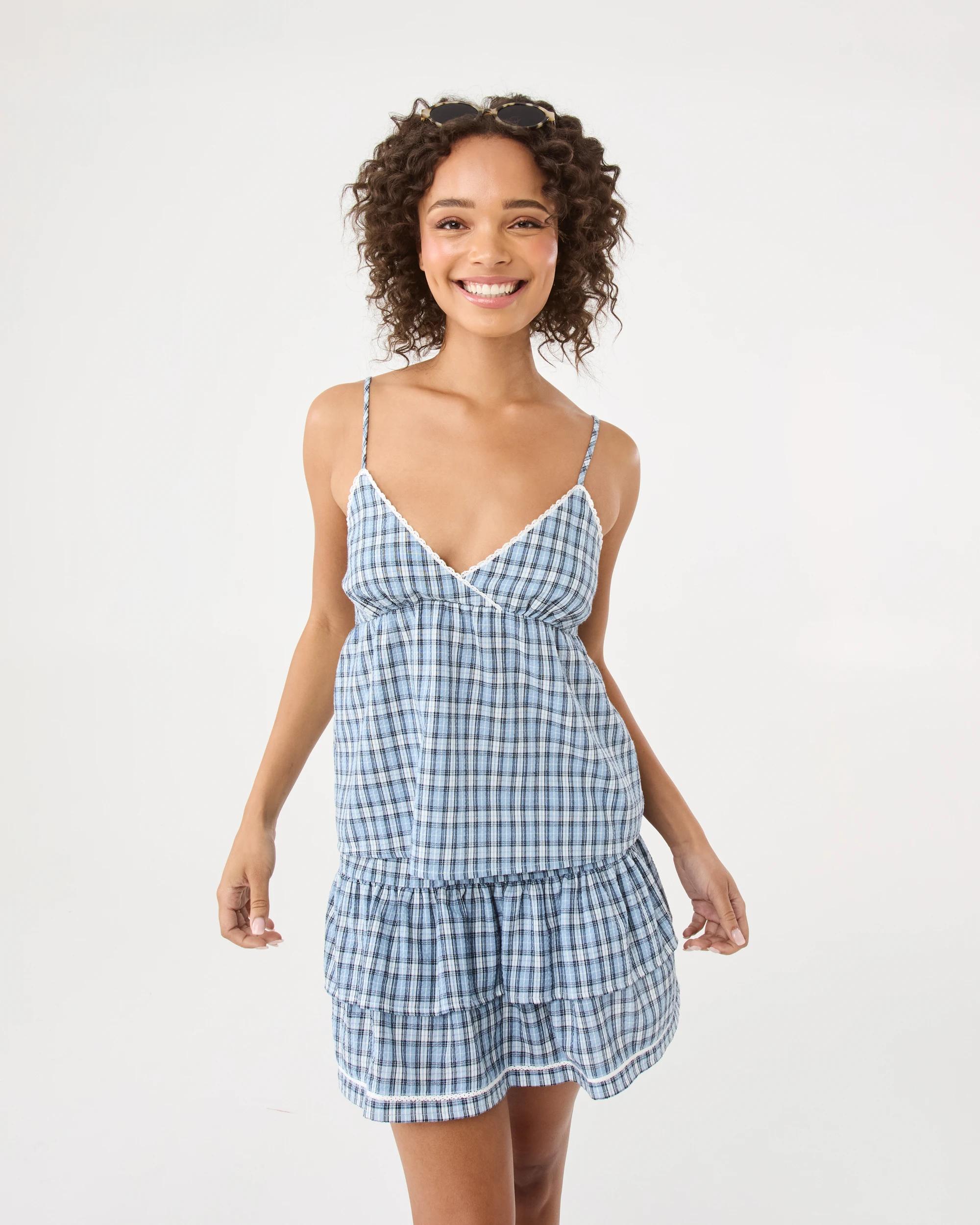 9 Sleeveless V-Neck Check Cami Blue Check, 9 of 10