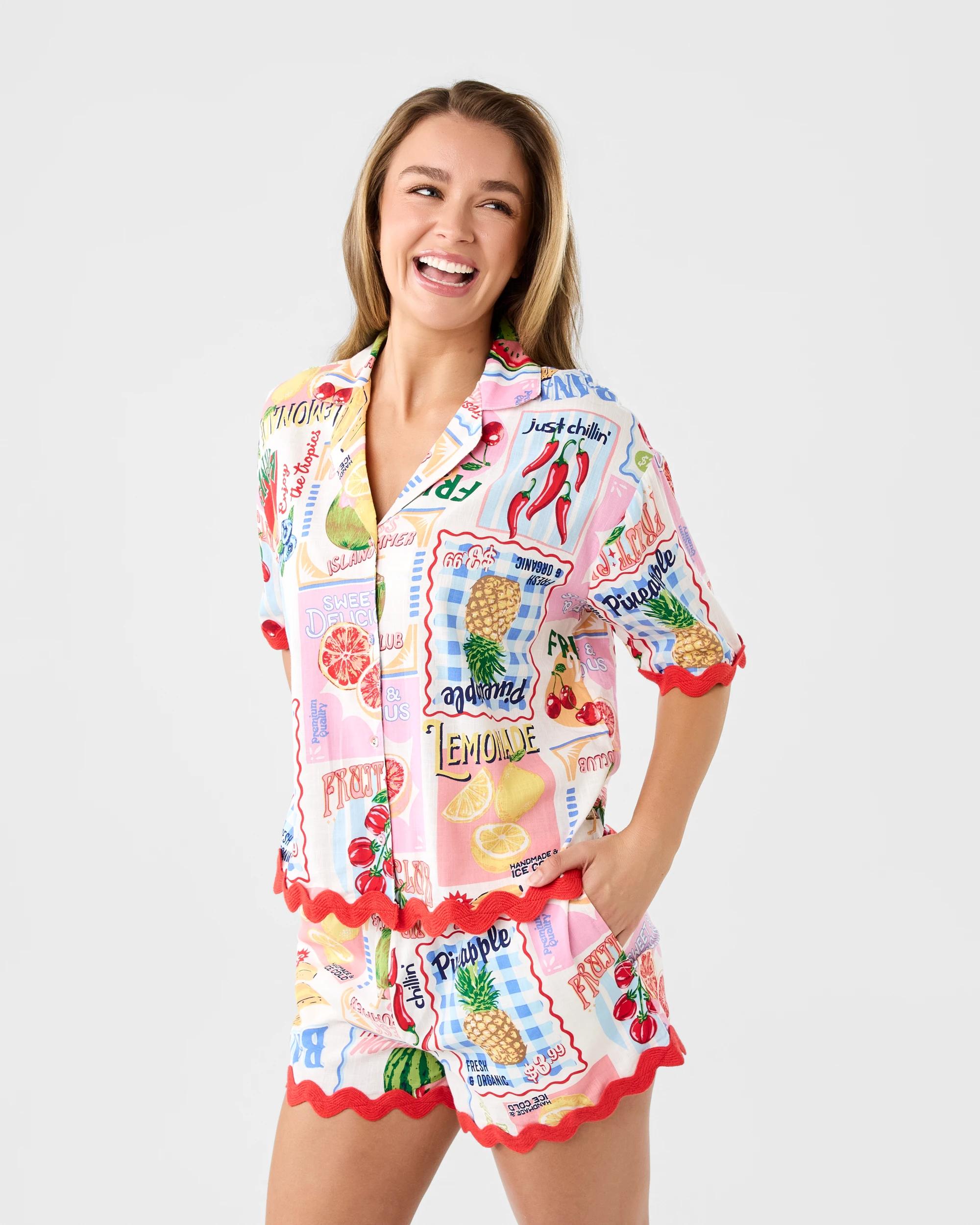2 Short Sleeve Cotton Rick Rack Pyjama Set Sum Fruit, 2 of 9