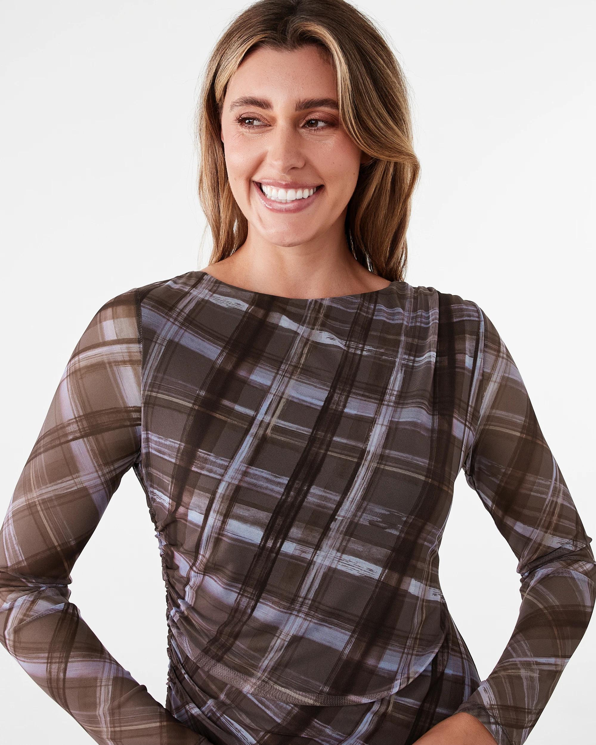 4 Long Sleeve Mesh Asymmetrical Hem Midi Dress Choc Chk, 4 of 7