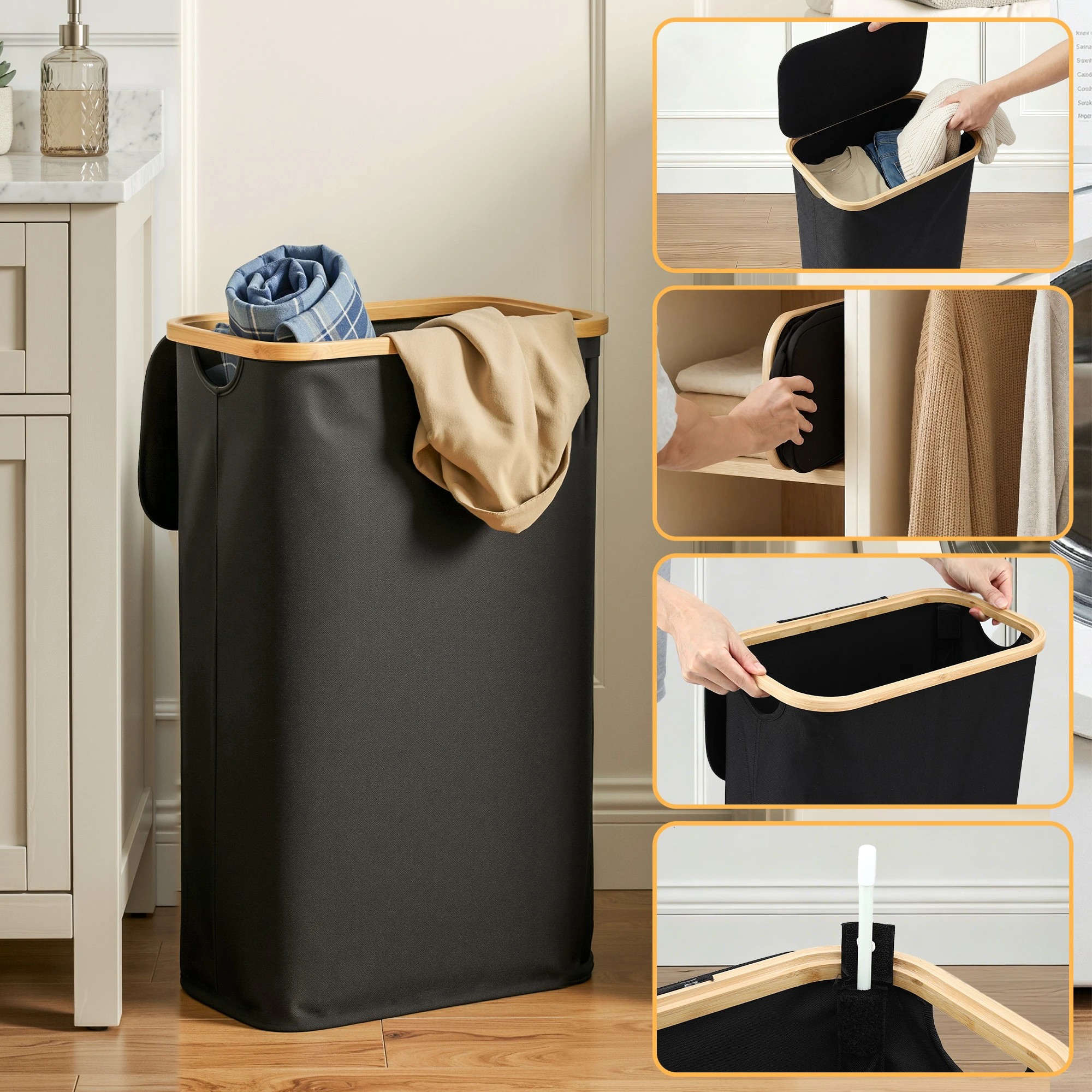 7 Artiss Laundry Basket with Removable Bag Foldable Clothes Hamper - Black, 7 of 9
