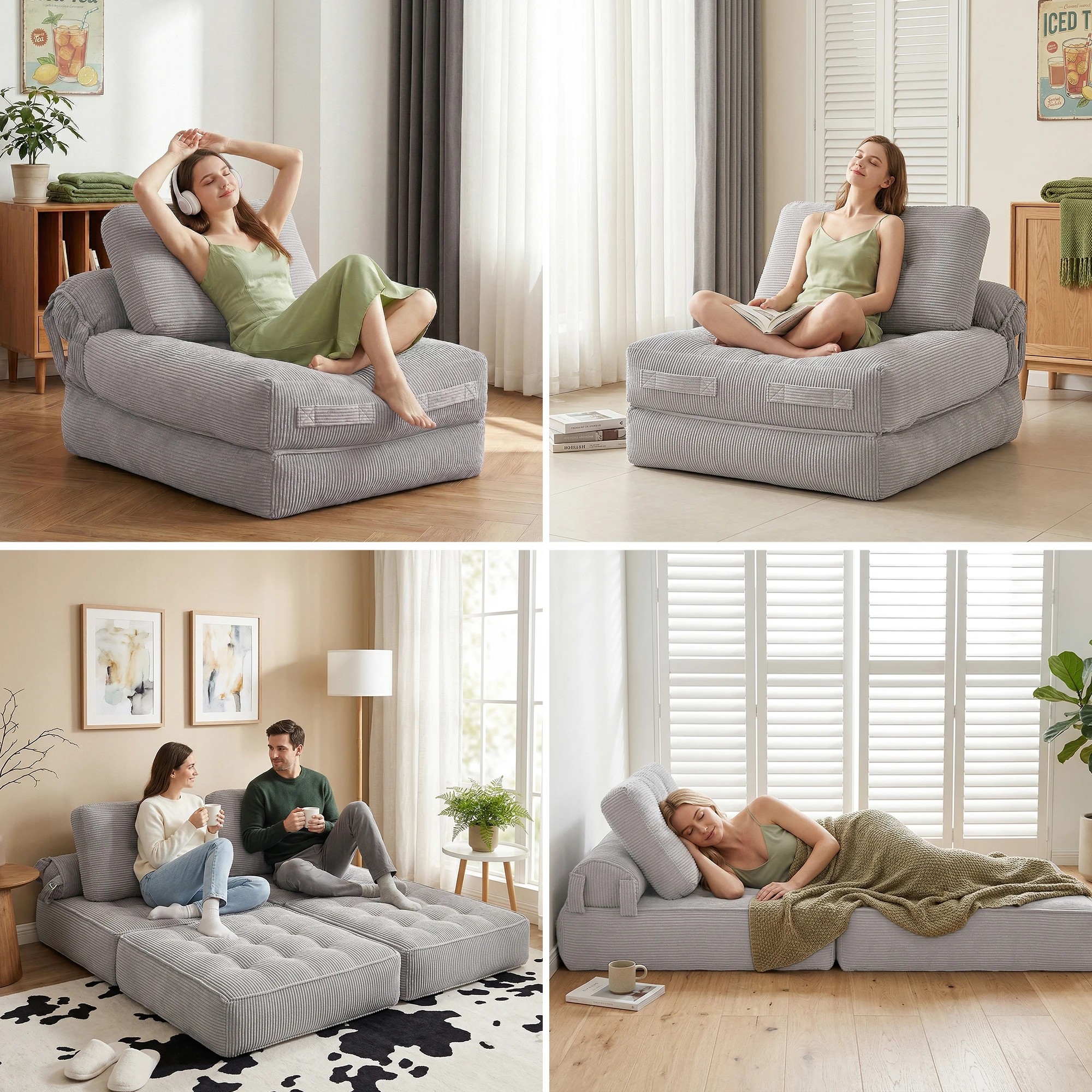 8 Artiss 1 Seater Corduroy Convertible Sofa Bed Pull Out Boneless Couch - Grey, 8 of 9