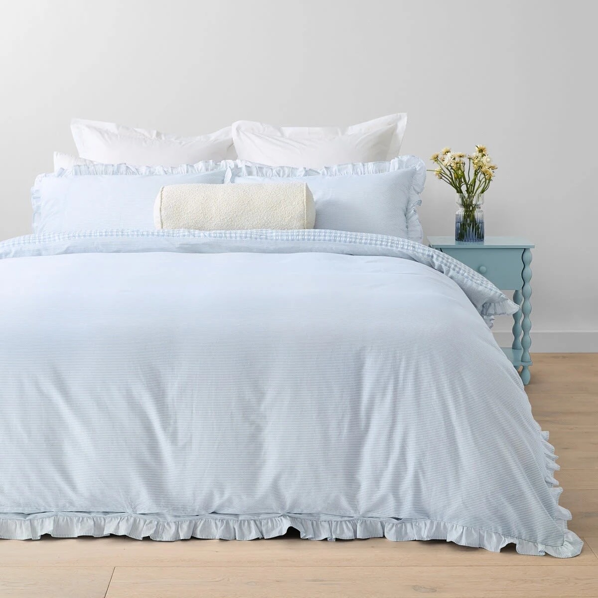 2 Gingham Ruffle Reversible Cotton Quilt Cover Set - Queen Bed, Blue, 2 of 7