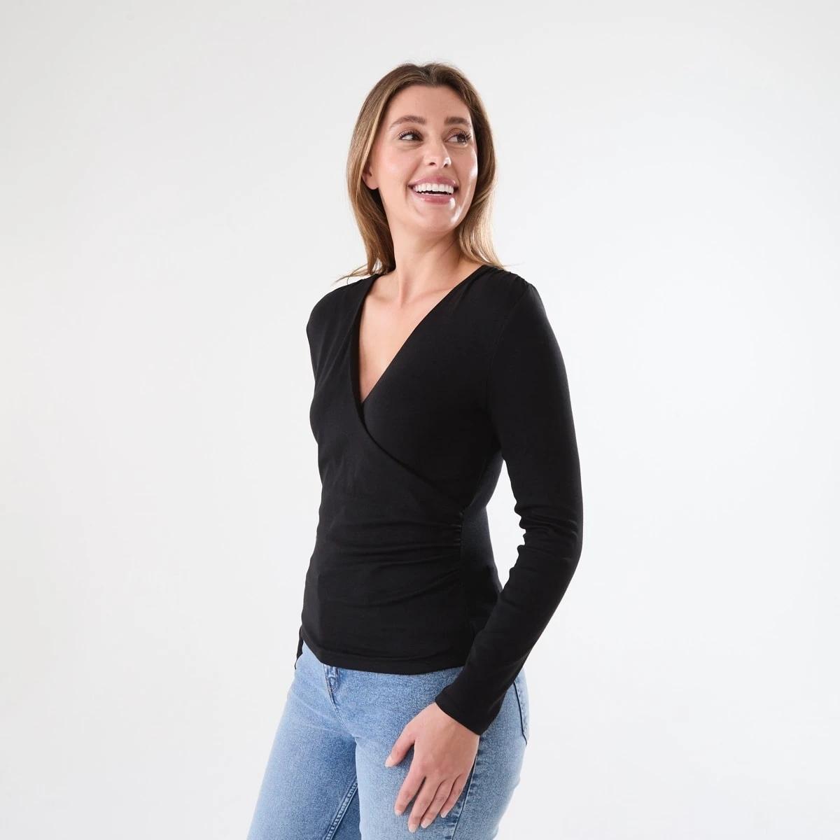 2 Long Sleeve Ruched Wrap Top Black, 2 of 5