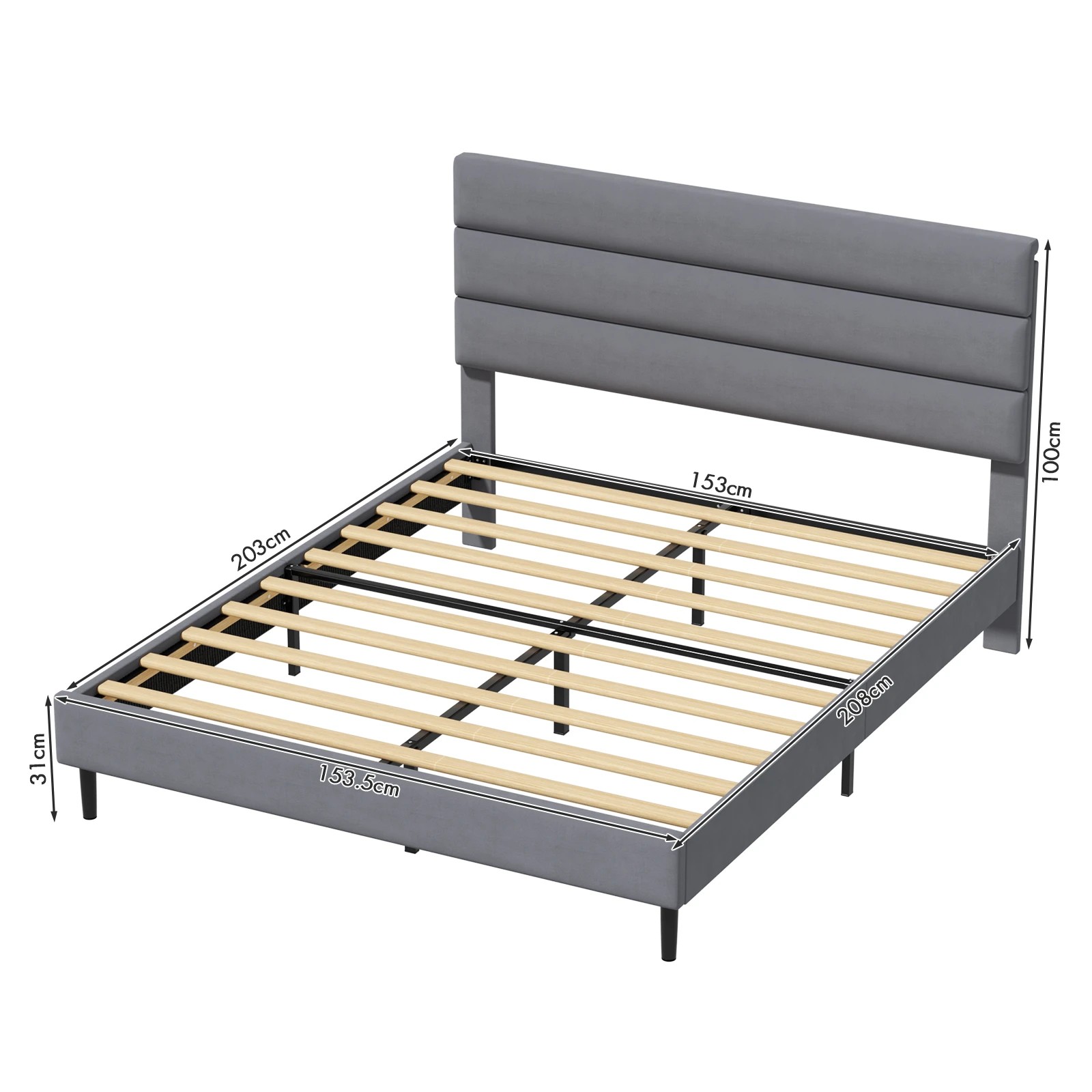 3 Advwin Queen Velvet Upholstered Bed Frame with Wooden Slats - Grey, 3 of 7