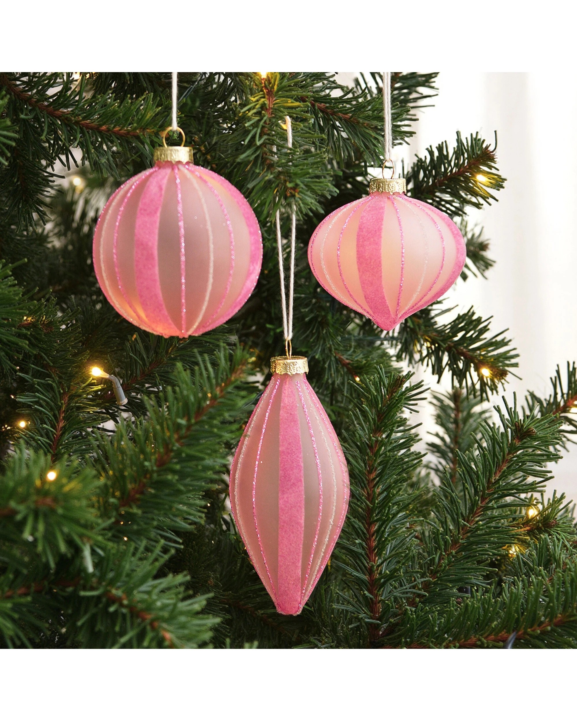 2 Sherwood Christmas Glitter Stripe Frosted Glass Mixed Shape Baubles (6 Pack) - Blush, 2 of 5