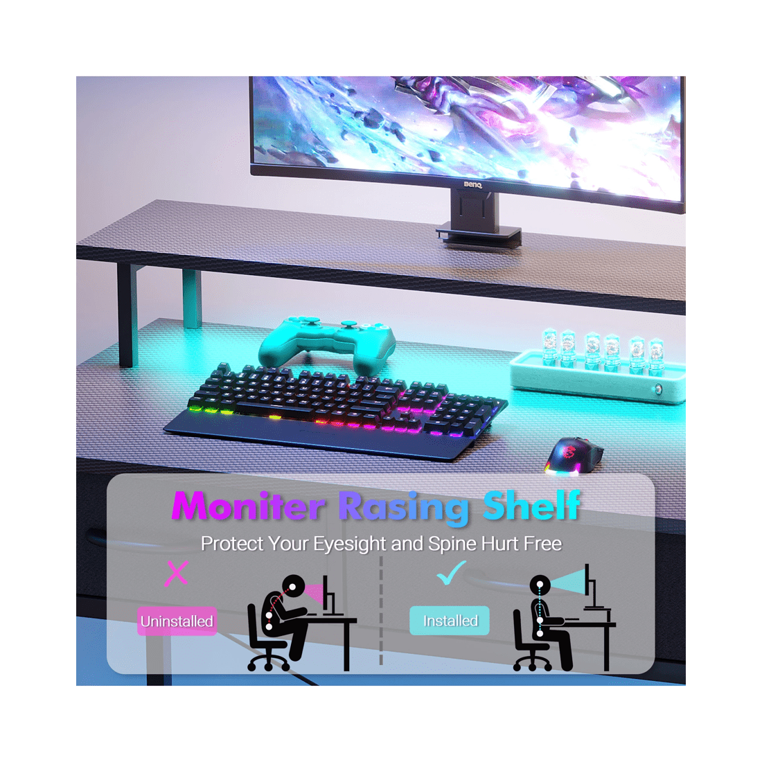 9 Advwin 120cm Computer Gaming Desk With Led Lights Power Outlets Reversible Printer Storage Shelf Black, 9 of 10