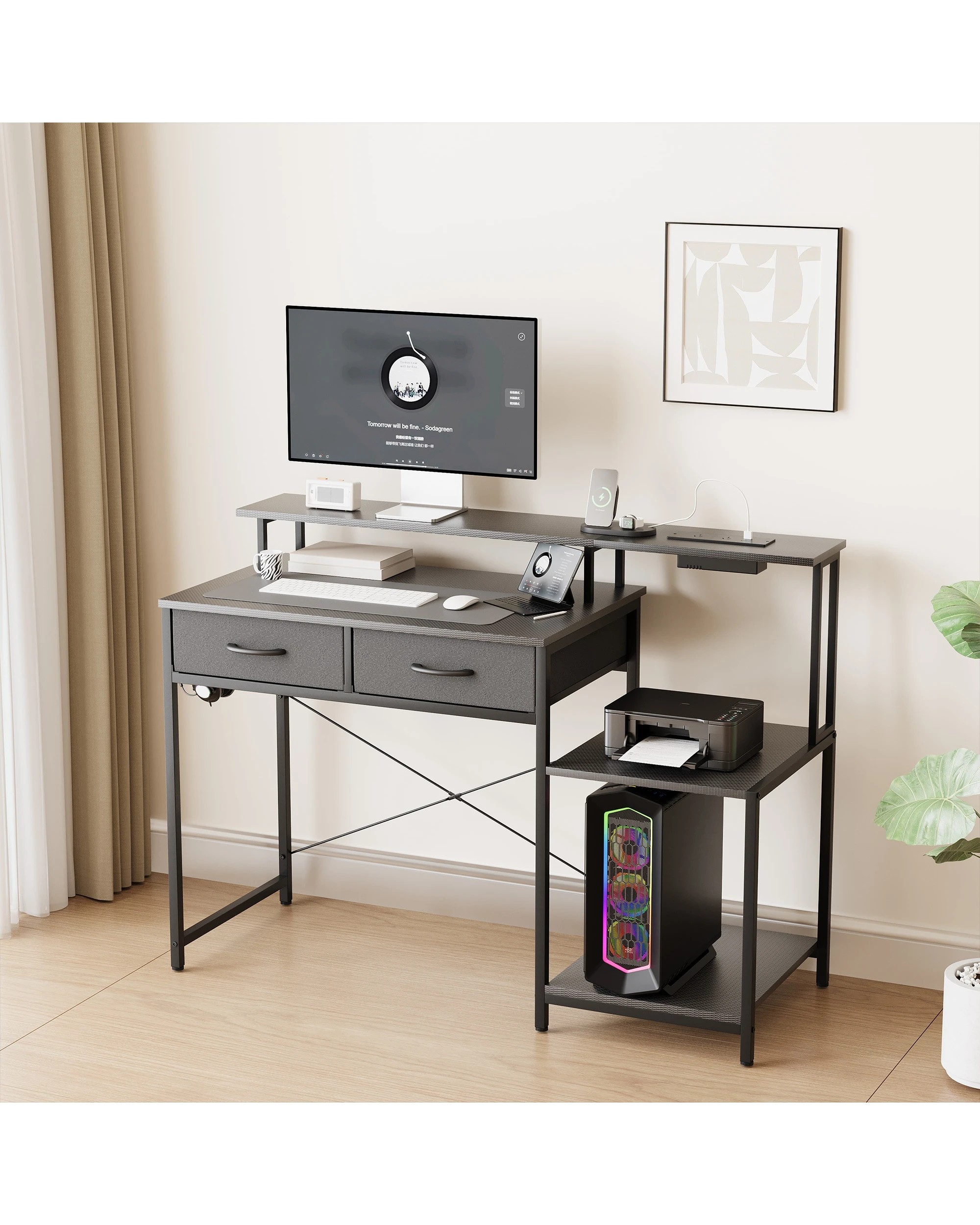 9 Advwin 120cm Computer Gaming Desk With Led Lights Power Outlets Reversible Printer Storage Shelf, 9 of 10