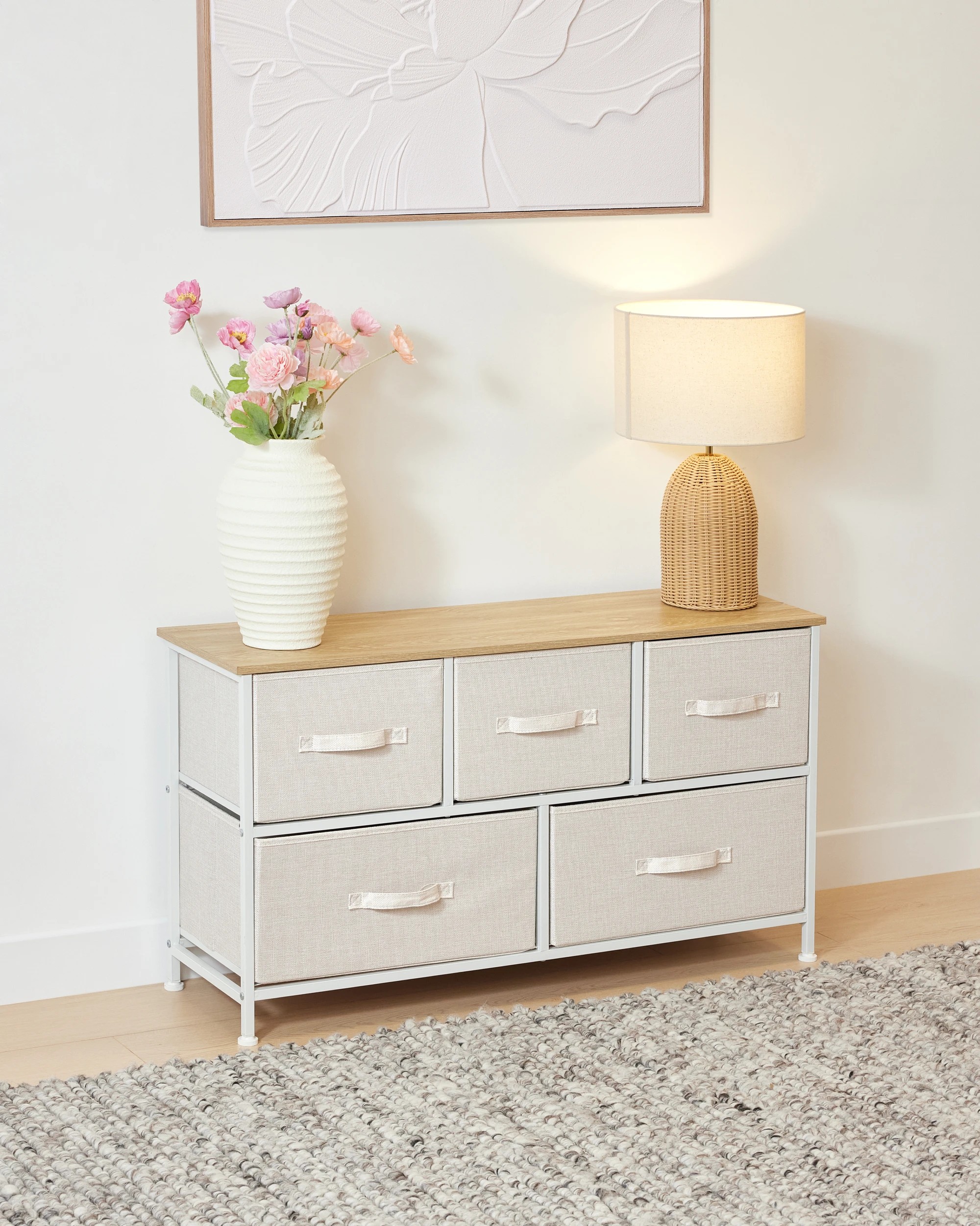 1 Linen Look 5 Drawer Chest - Beige, 1 of 7