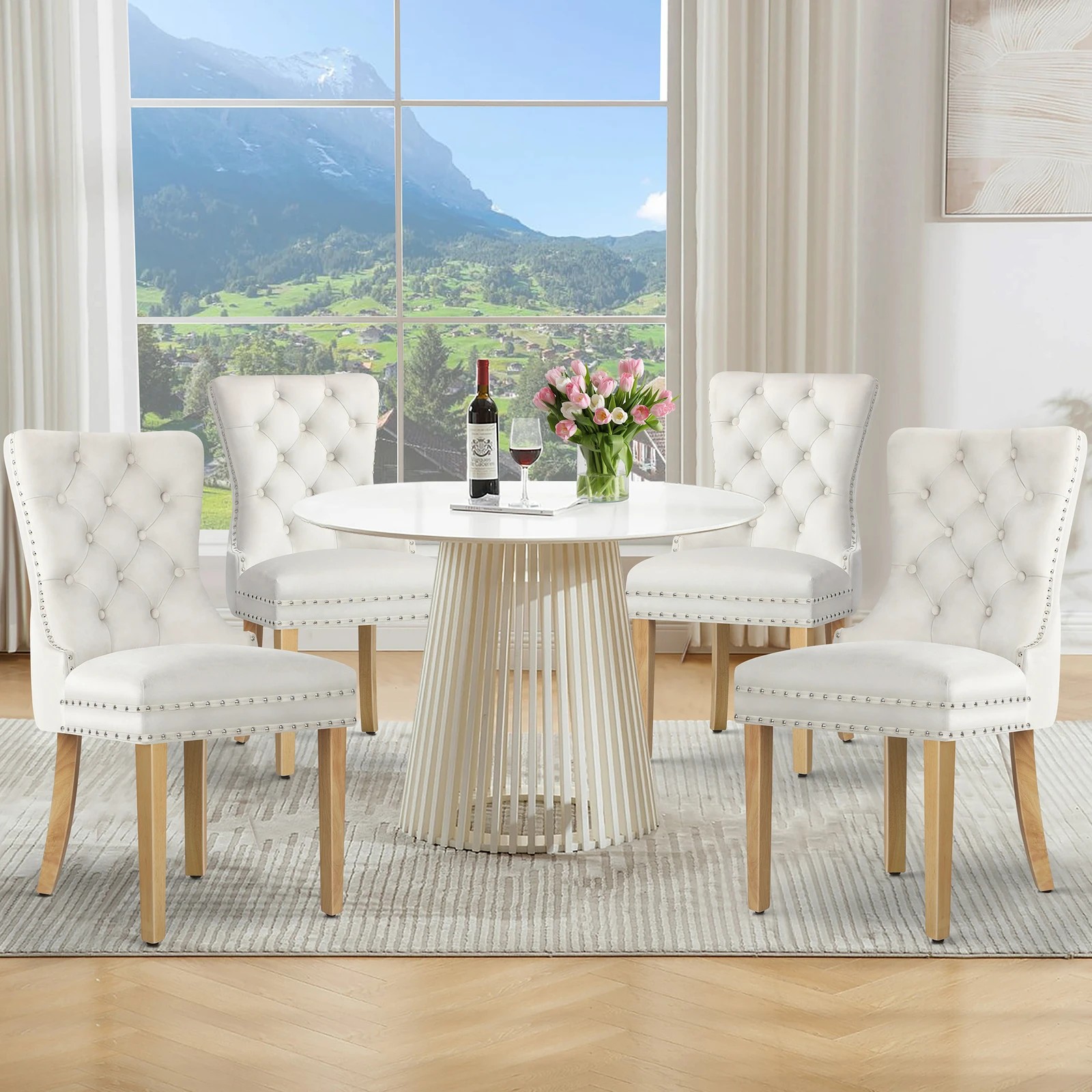 2 Alfordson 4x Dining Chair Kitchen Lounge Retro Button Tufted Wooden Velvet - Beige, 2 of 10