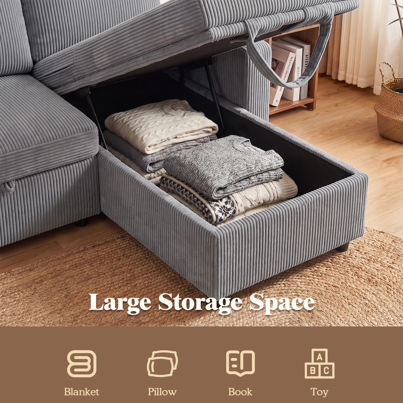 5 Advwin Sectional Sofa Couch with Pull Out Bed, L Shaped Reversible Corduroy Sleeper Sofa Bed with Storage Chaise - Grey, 5 of 7