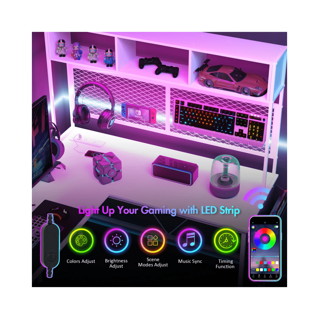 4 Advwin 170cm L Shaped Gaming Desk With Led Lights & Power Outlets Reversible Storage Shelf Computer Corner Desk White, 4 of 10