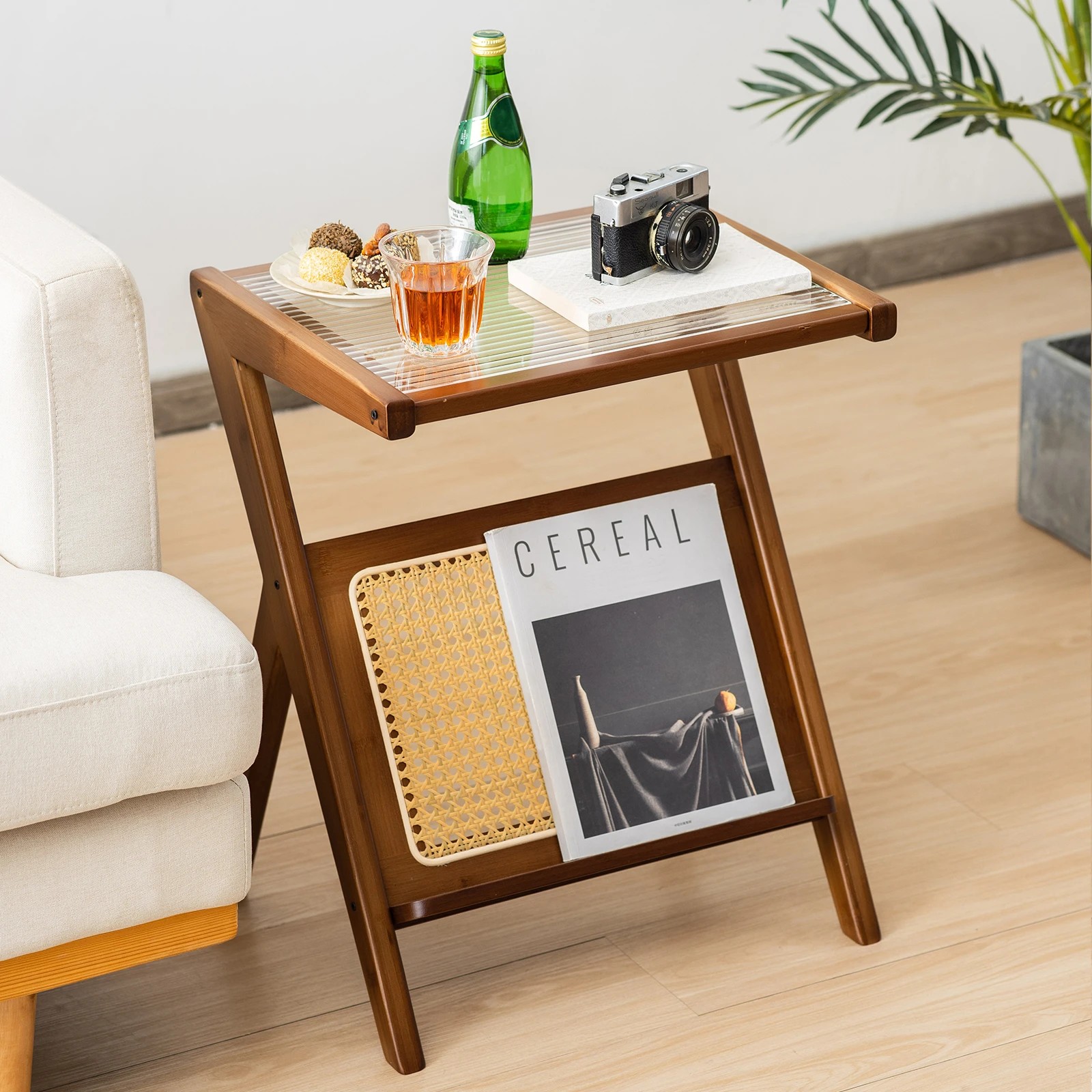 3 Costway Bamboo End Side Table Z-shaped Couch Accent Table w/Magazine Rack, 3 of 4