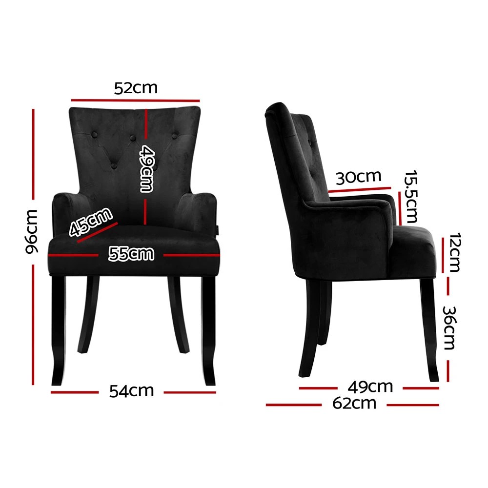 2 2x Artiss Dining Chairs Velvet French Provincial Armchair - Black, 2 of 6