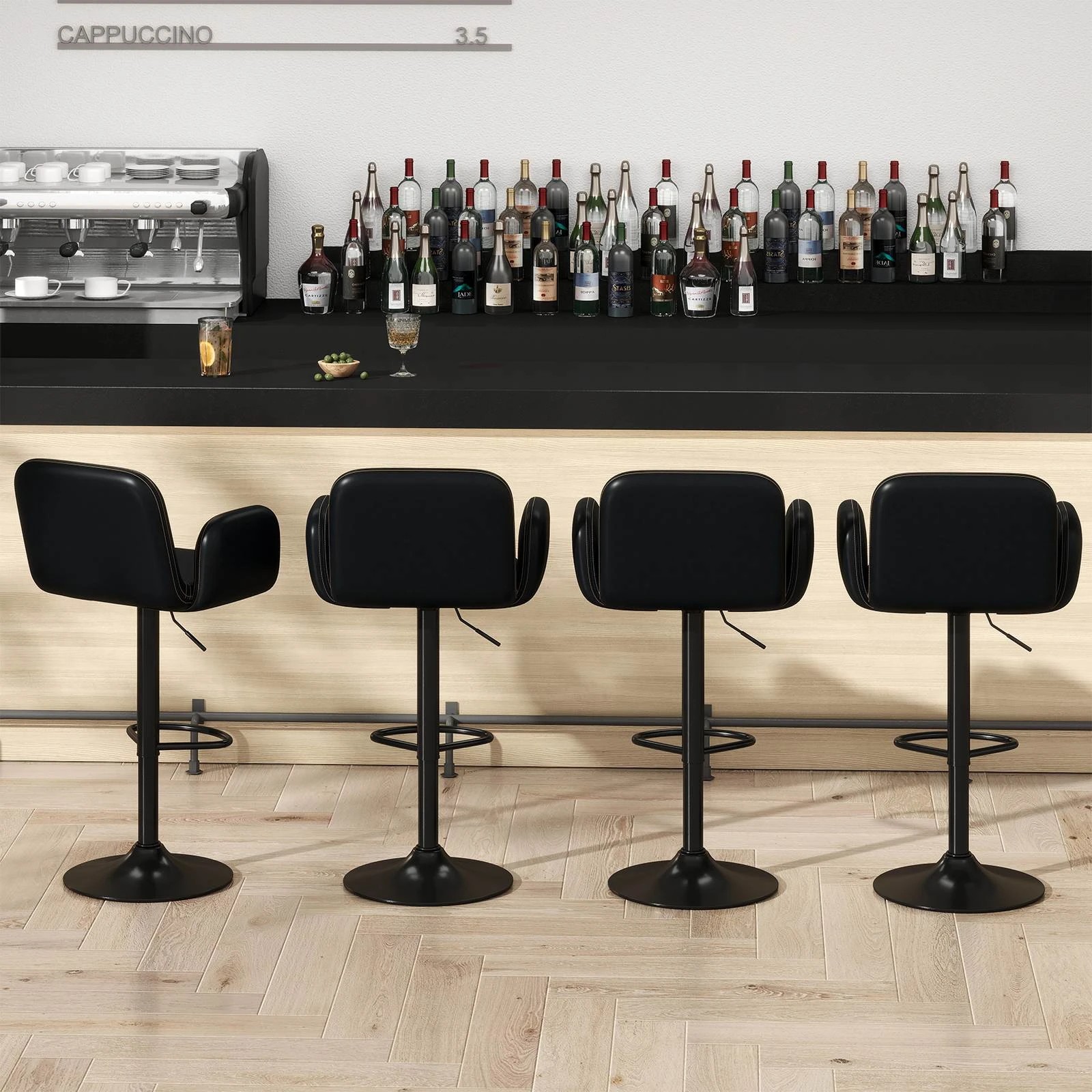 3 Costway Swivel Bar Stools Set 2x Upholstered Barstools Adjustable PU Counter Chairs - Black, 3 of 4