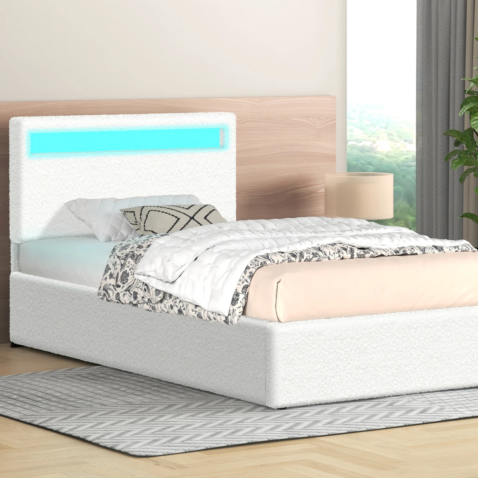 2 Alfordson Bed Frame Single Size RGB LED Gas Lift Storage Base Boucle Luchino - White, 2 of 10