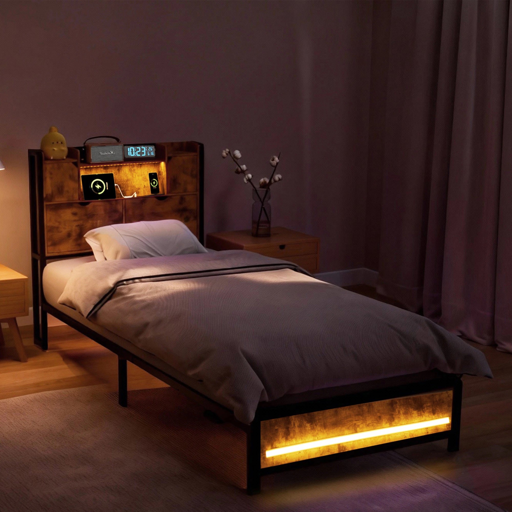 8 Levede Single Bed Frame with LED Charging Station and Storage Bedhead, 8 of 9