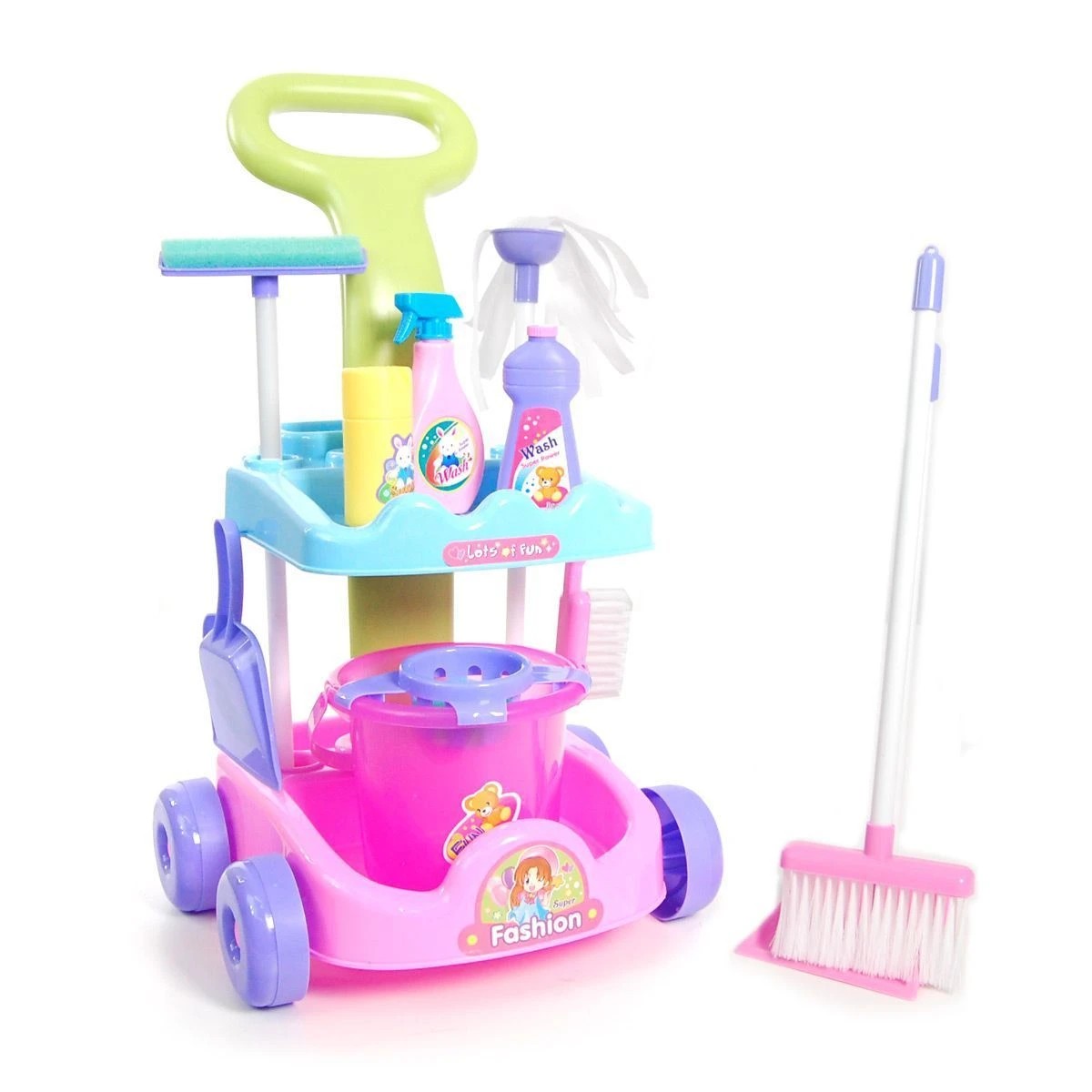 1 AUSWAY Multi Coloured Cleaning Trolley Kids Cleaner Play Set, 1 of 8