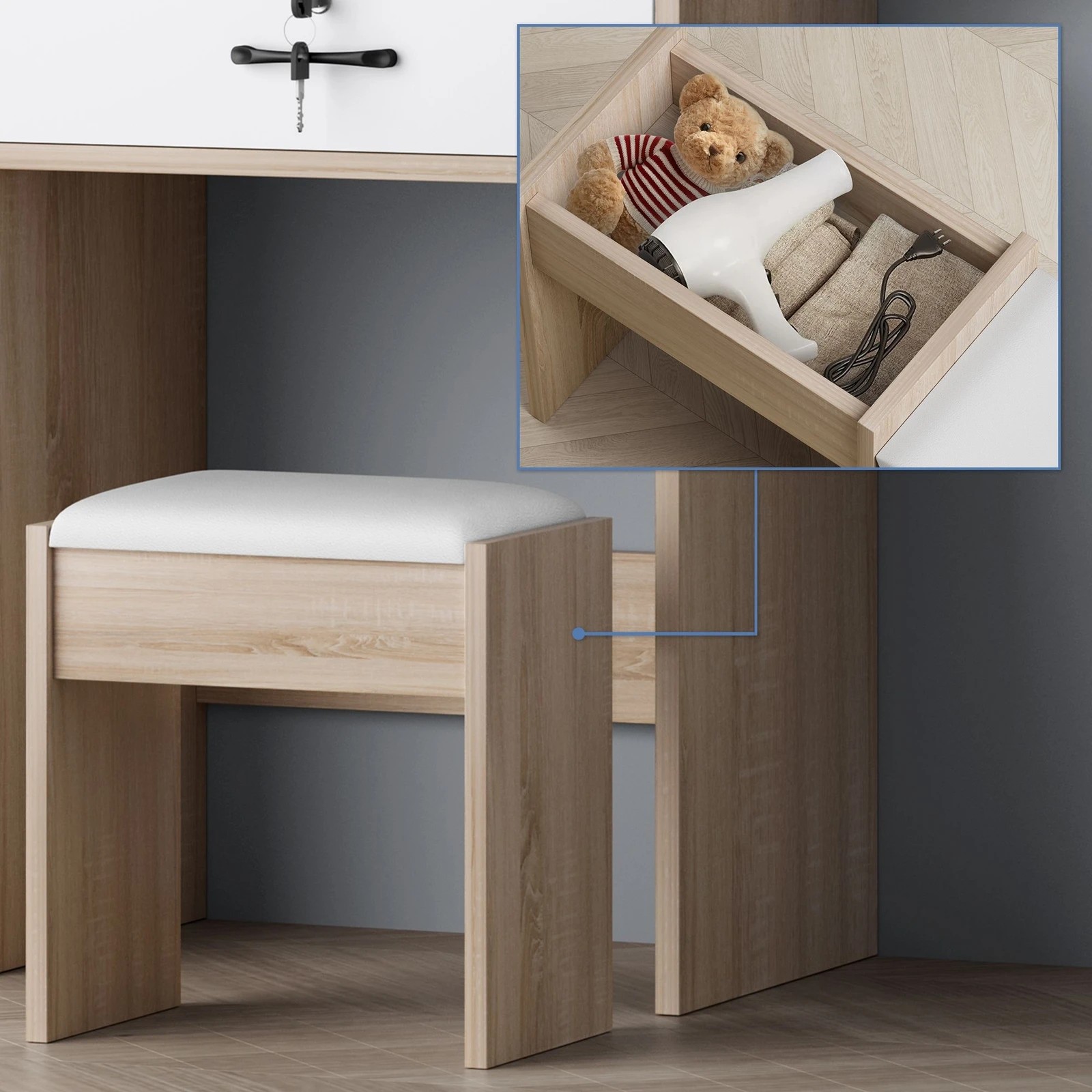 7 Alfordson Dressing Table Stool Set Makeup Mirror Vanity Desk Drawers - Wood, 7 of 10