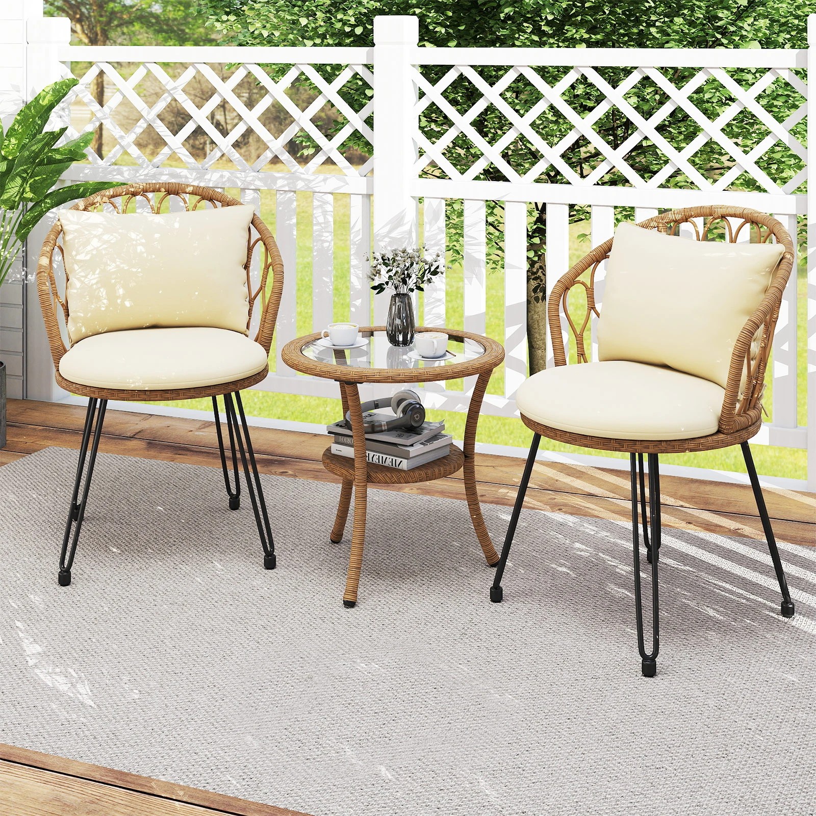 3 Costway 3PCS Patio Bistro Set Outdoor Conversation Set Coffee Table & Rattan Chairs, 3 of 3