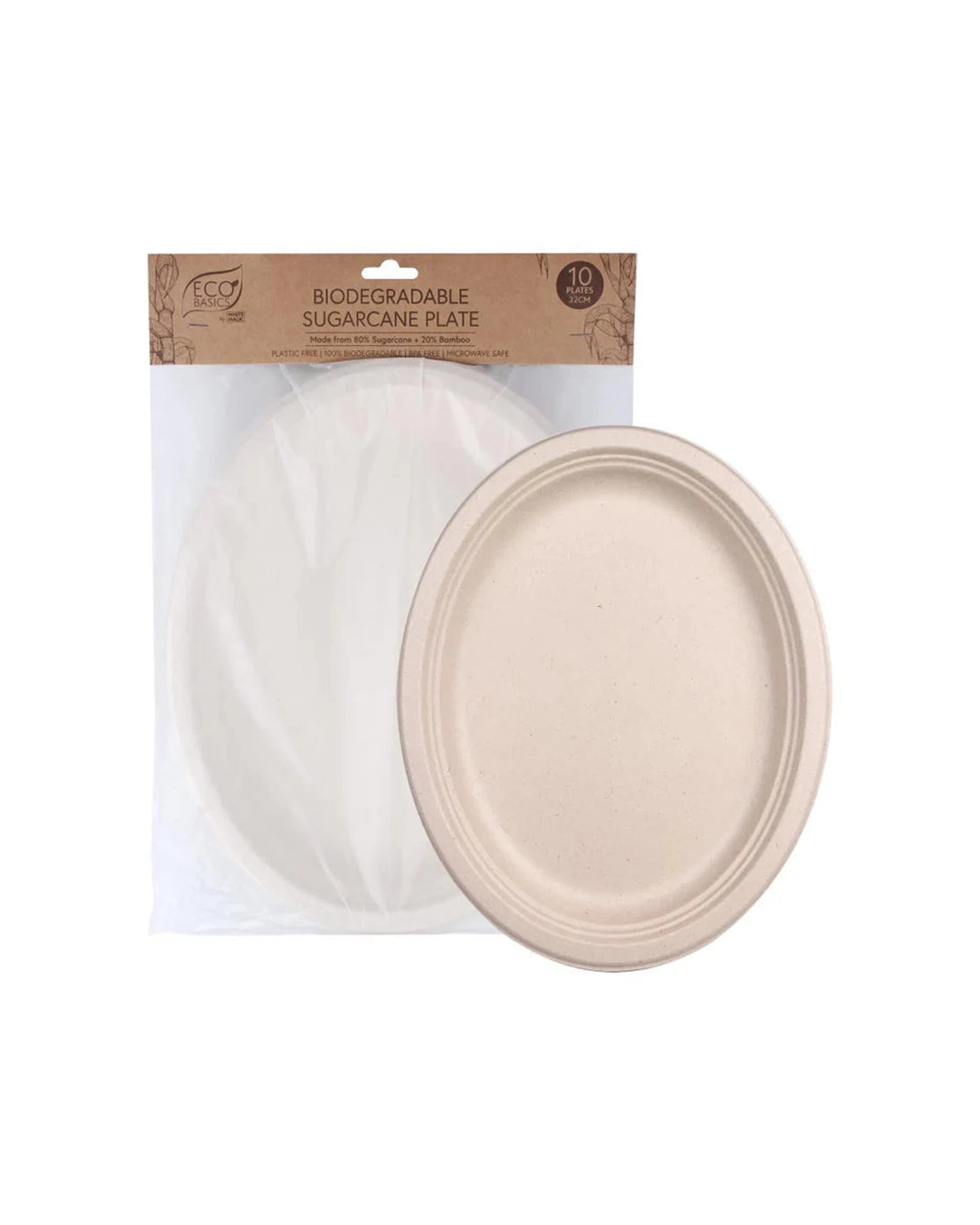 5 Eco Basics 10-Pack Microwave-Safe Biodegradable Sugarcane Dinner Plates 32 cm - Plain, 5 of 7
