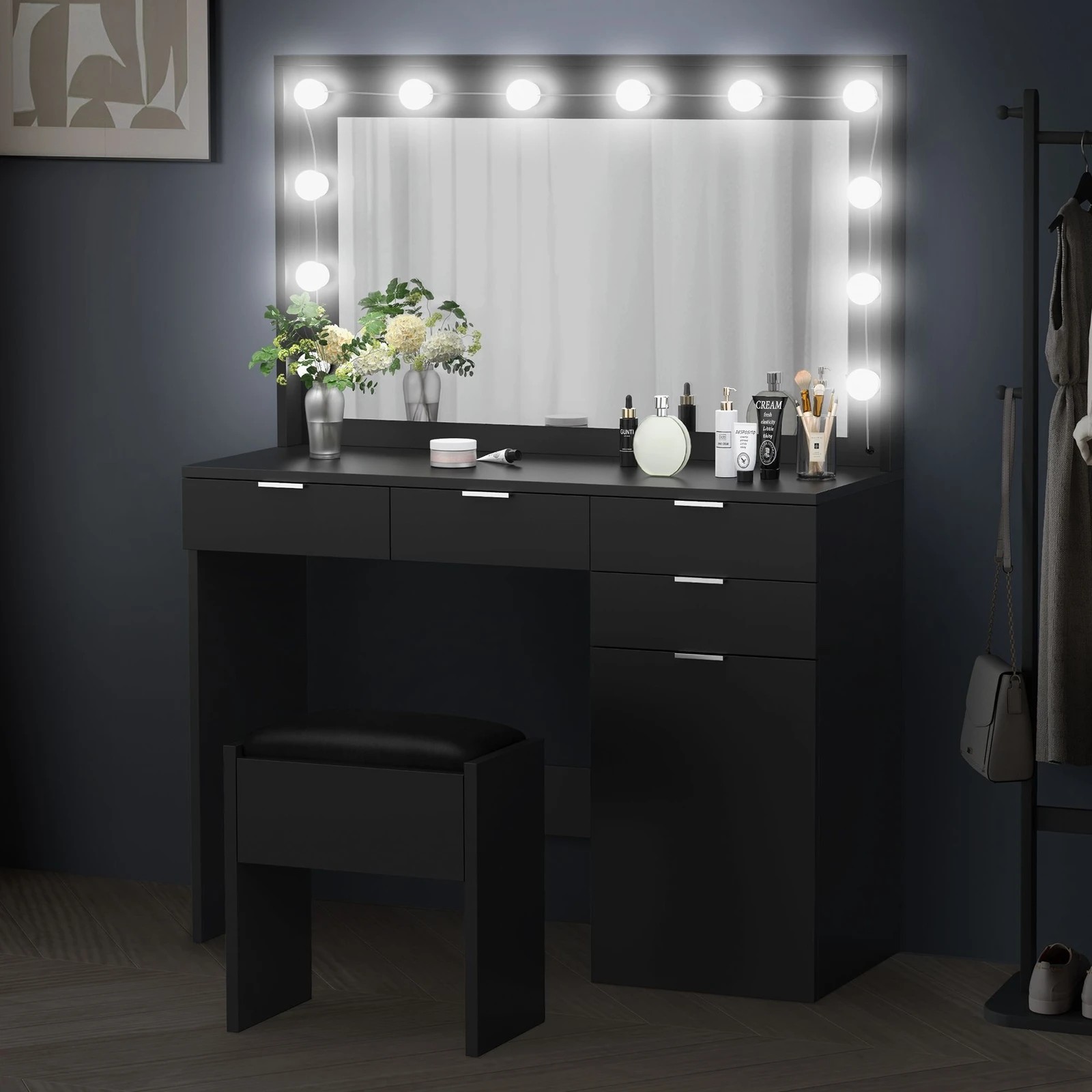 5 Alfordson Dressing Table Stool Set Makeup Mirror Desk 12 LED Bulbs - Black, 5 of 10
