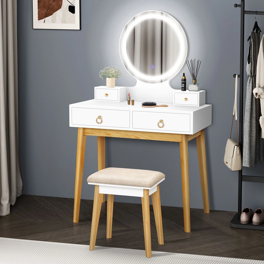 2 Alfordson Dressing Table Stool Set Makeup Mirror Vanity Desk LED Light - White, 2 of 10