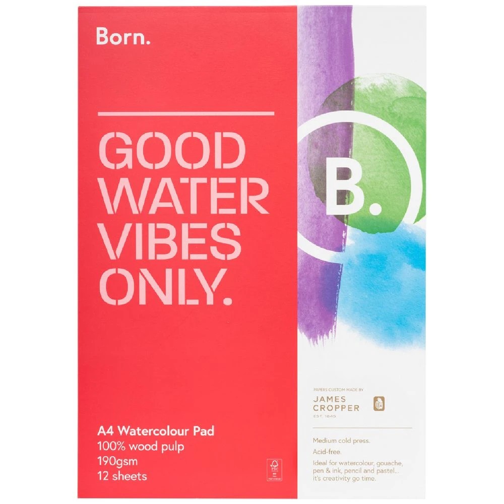 1 Born A4 Watercolour Pad 190gsm 12 Sheets, 1 of 2