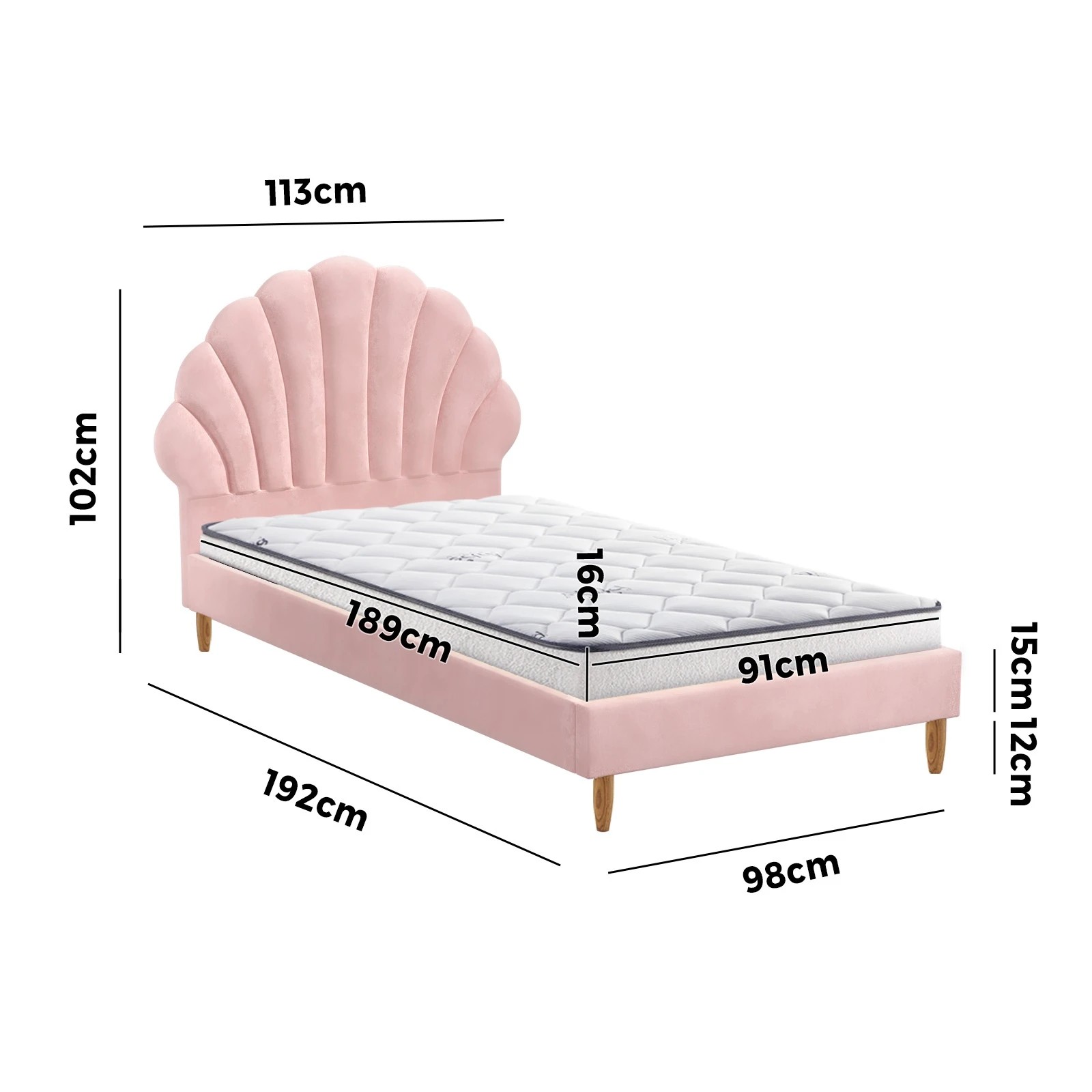 2 Oikiture Bed Frame Single Size Scallop-Shape Bedhead Velvet with Mattress - Pink, 2 of 7