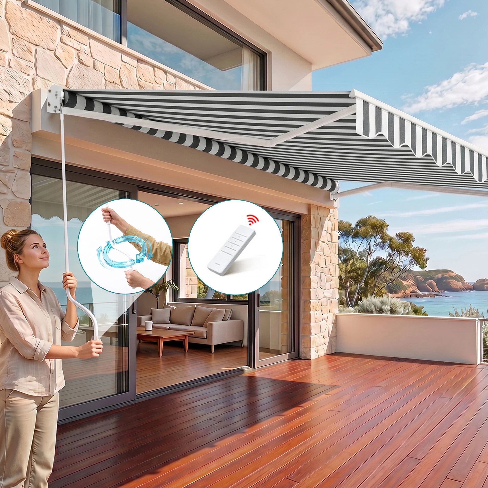 8 Instahut Retractable Folding Arm Awning Motorised Sunshade 4.5Mx3M - Multi, 8 of 9