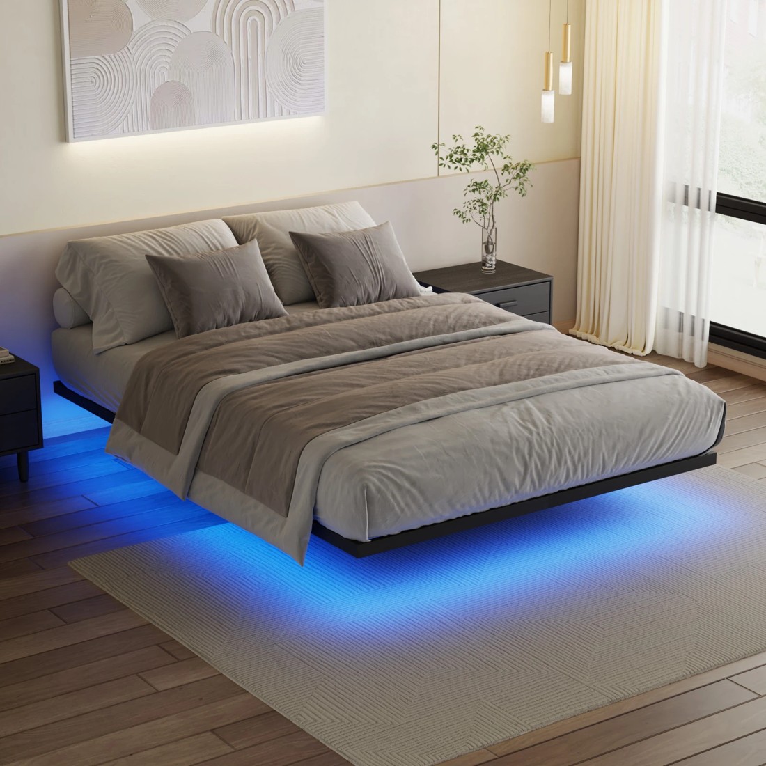 2 Advwin Queen Floating Bed Frame With Led Lights Metal Platform, 2 of 9