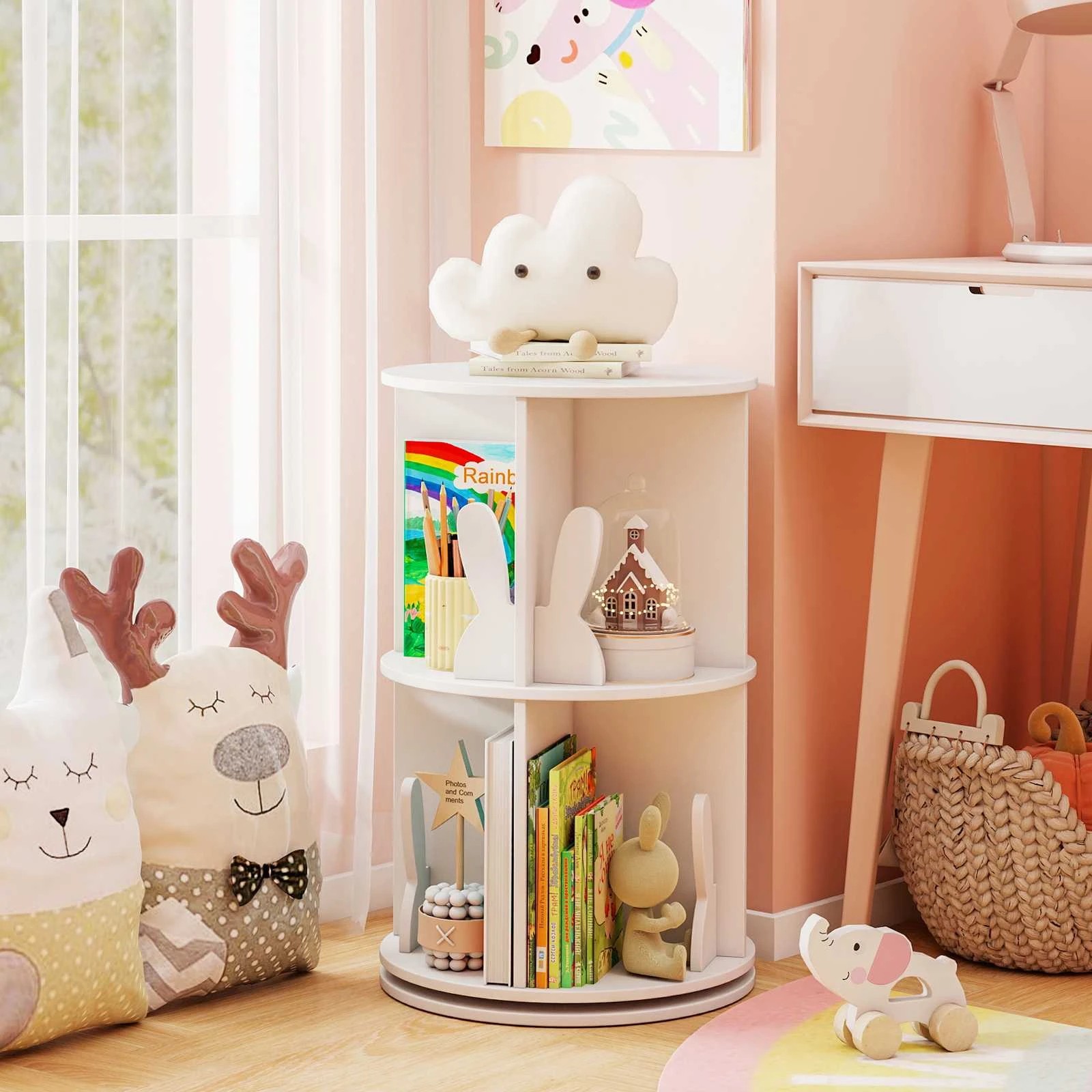 2 Costway Rotating Bookshelf Cute Bunny Bookcase, 2 of 3