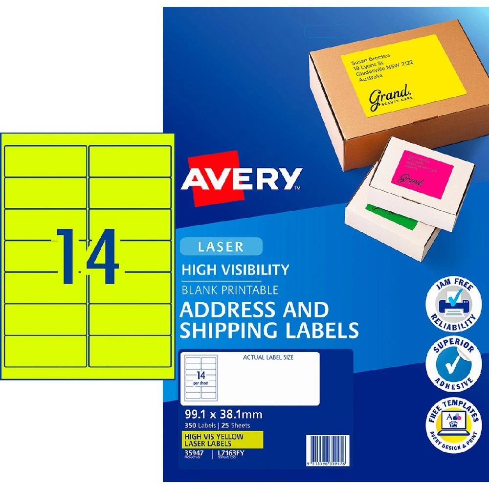 1 Avery 14UP Laser Signalling Labels Fluoro Yellow 25 Sheets, 1 of 3