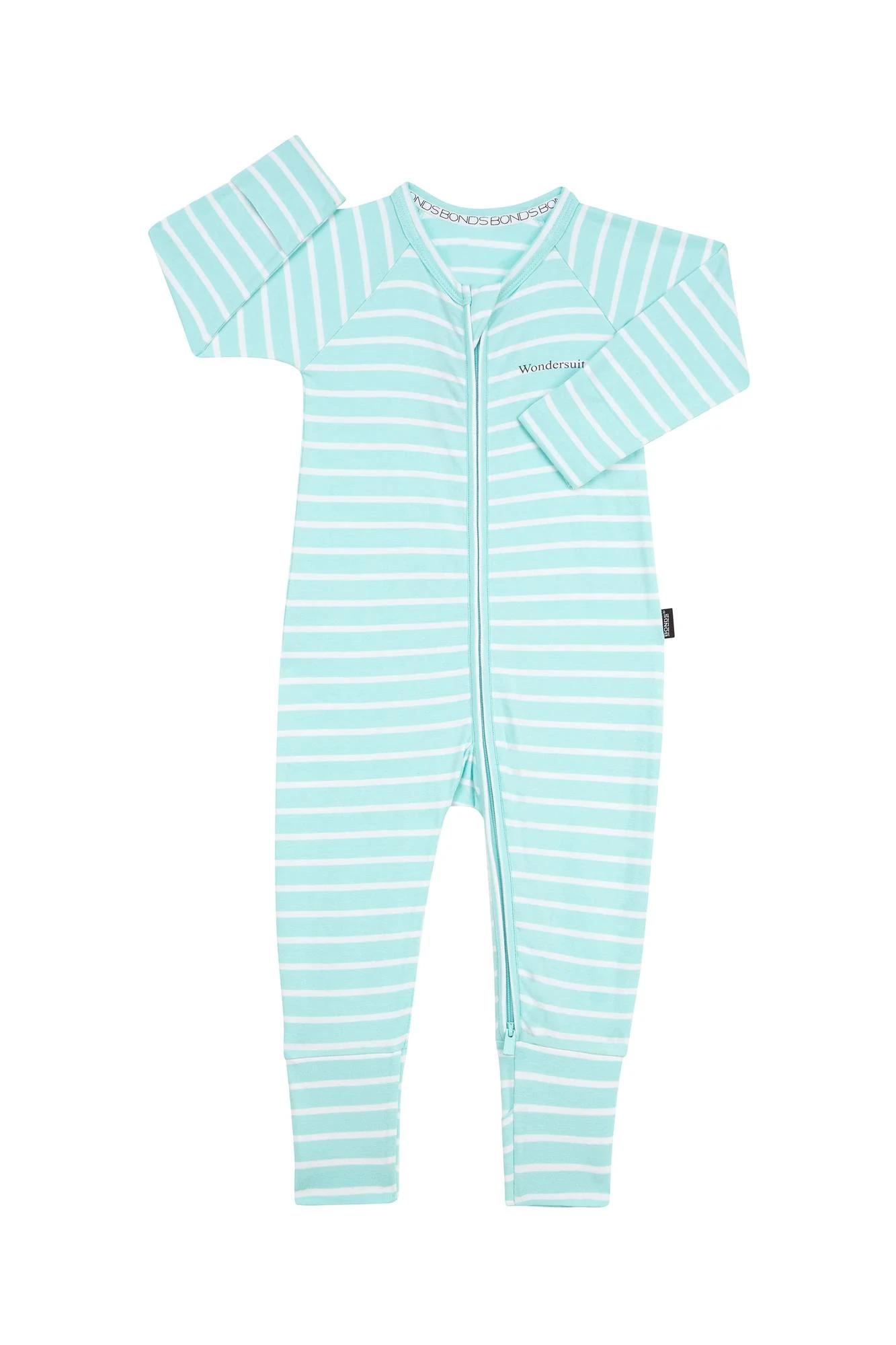 1 Bonds Baby Stripe Zip Wondersuit Coverall MINT/WHITE STRIPE, 1 of 3