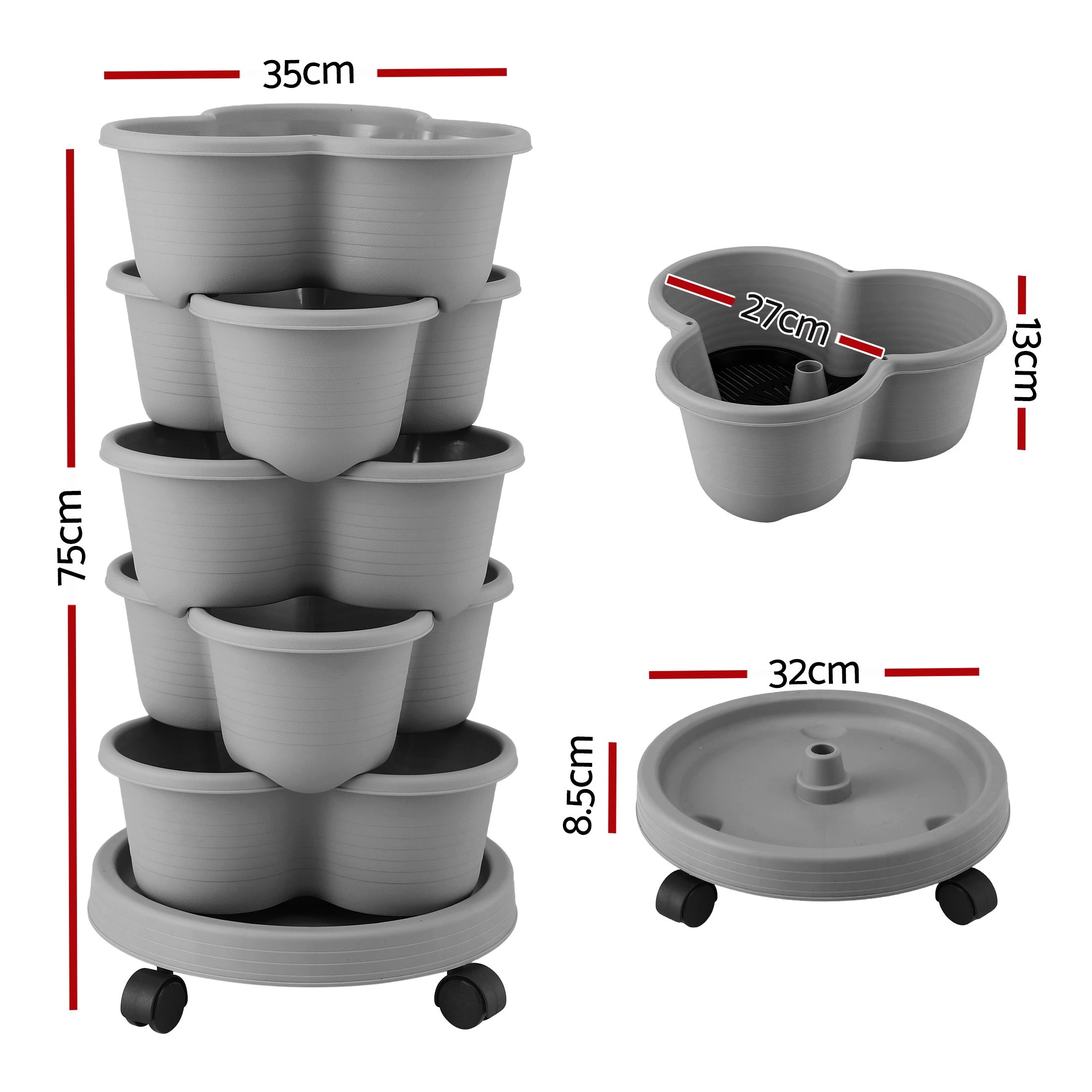 2 Green Fingers 5 Tier Vertical Garden Planter Movable Stackable Strawberry Pots with 4 Wheels - Grey, 2 of 4