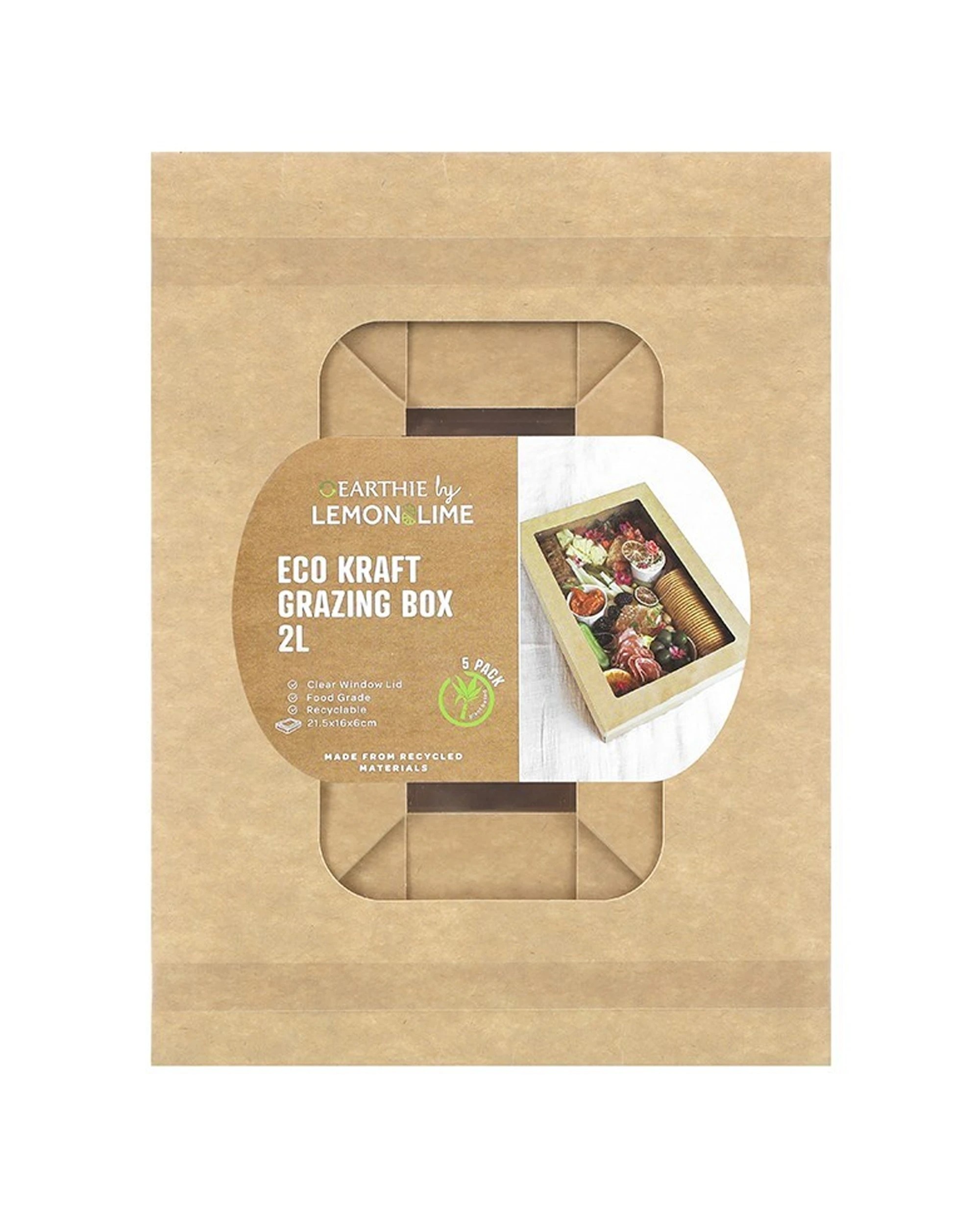 6 5pc Lemon And Lime 21.5cm Eco Kraft Disposable Catering 2l Lidded Grazing Box
 - Brown, 6 of 6