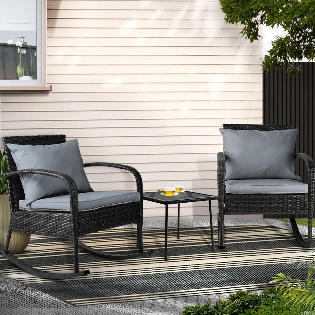 3 Gardeon 3PC Rocking Chair Table Wicker Outdoor Furniture Patio Bistro Set - Black, 3 of 8