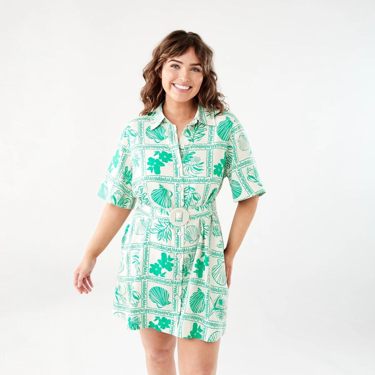 1 Short Sleeve Belted Mini Shirt Dress SHELL GEO SIMPLY GREEN, 1 of 11