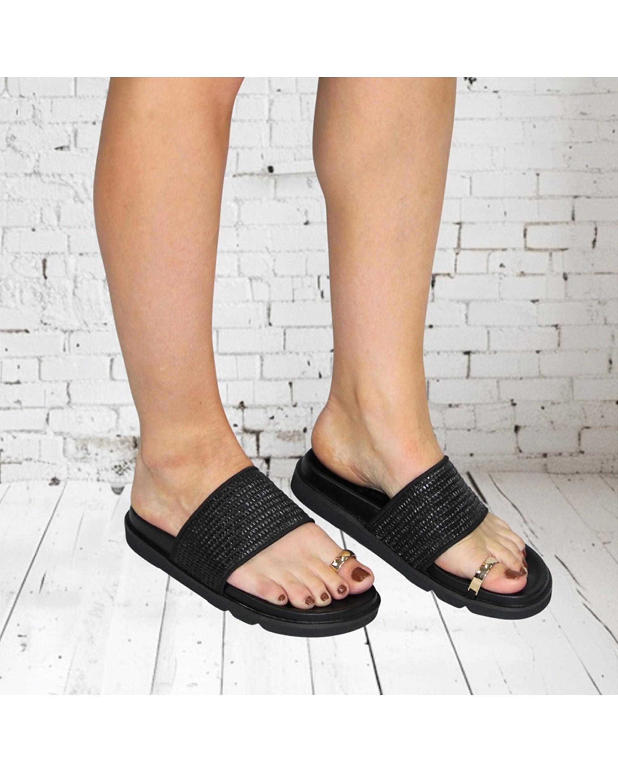 6 Human Shoes Murphy Women's Toe Ring Sandals Woven Raffia Padded Natural BLACK, 6 of 6