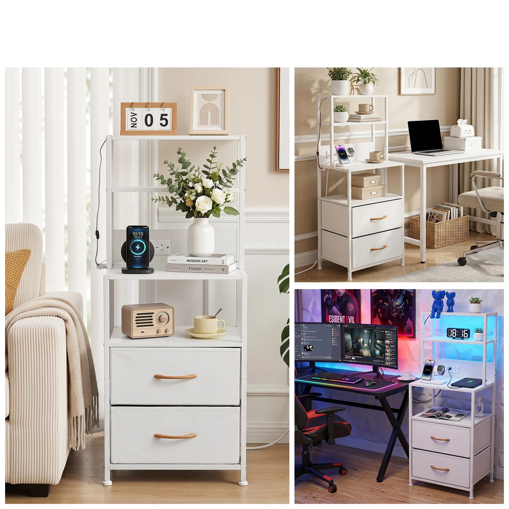 8 Artiss Bedside Table Tall Nightstand with Charging Station Drawers LED - White, 8 of 9