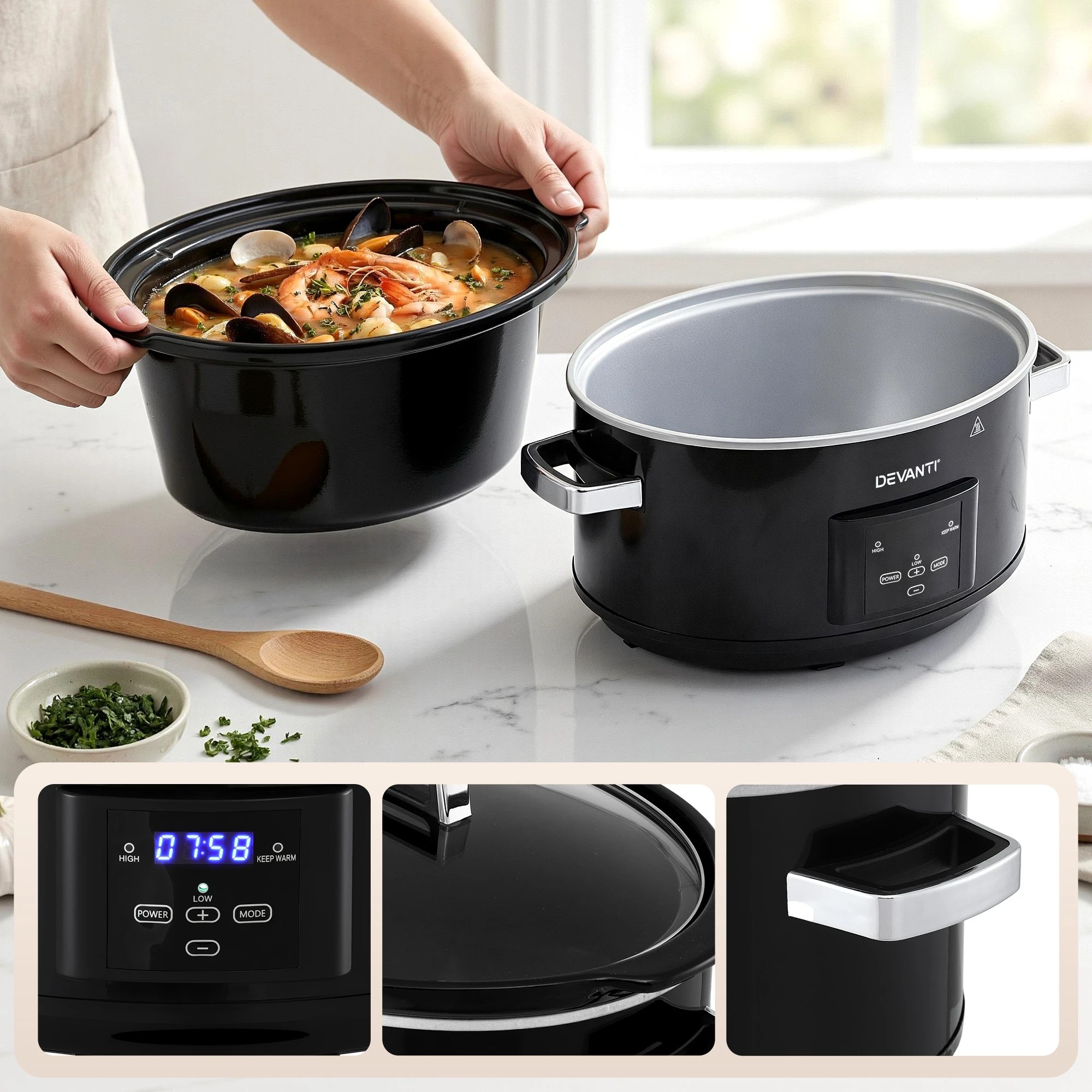7 Devanti 8L Slow Cooker Electric Multi Cooker with 3 Heat Settings and Keep Warm - Black, 7 of 9
