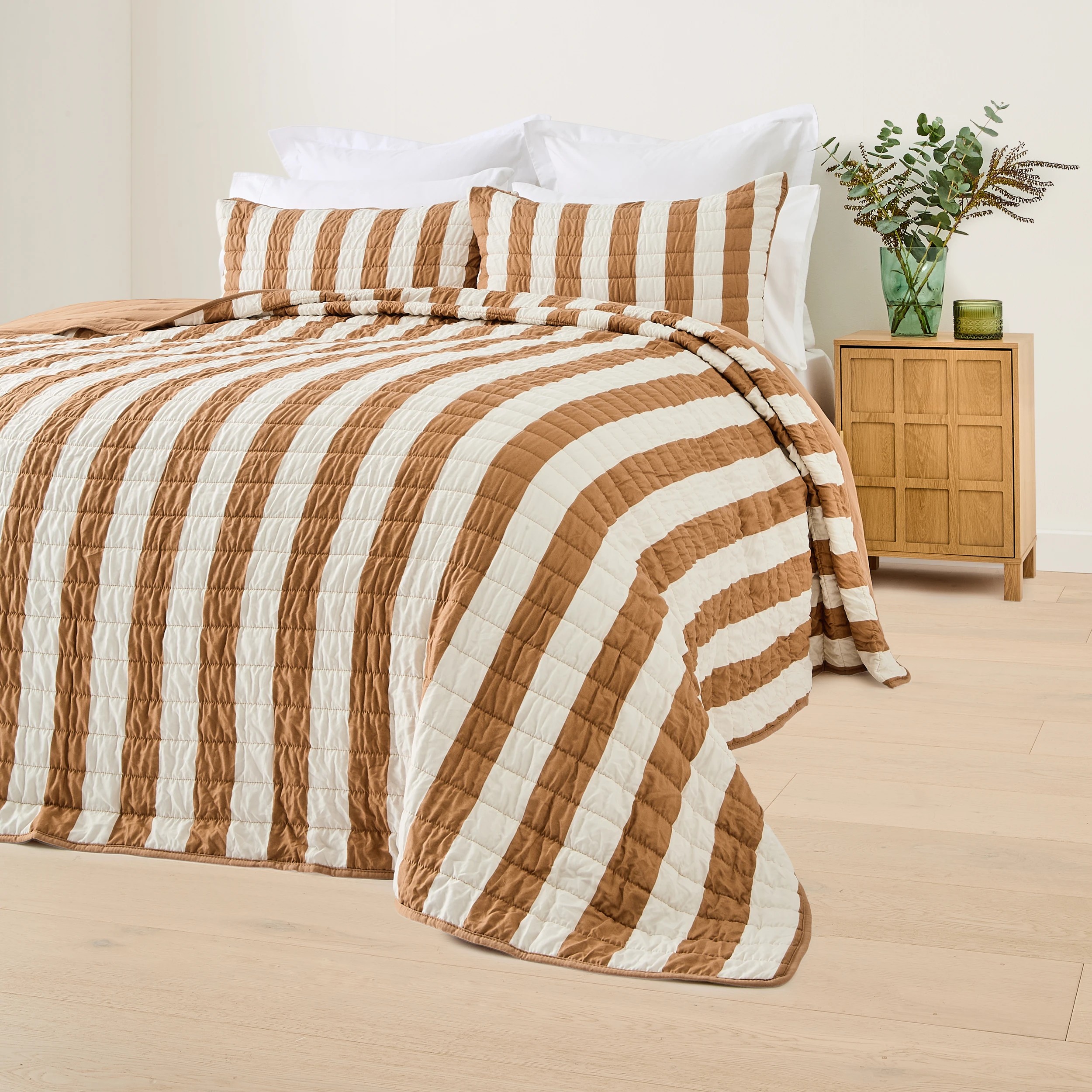 3 Reversible Stripe Coverlet Set - Queen/King Bed, Beige, 3 of 9