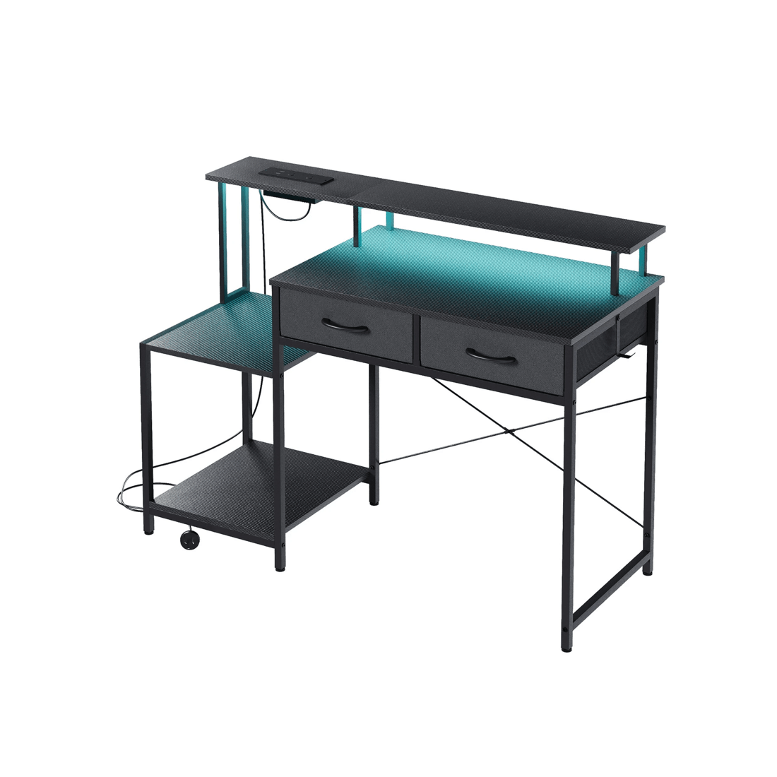 1 Advwin 120cm Computer Gaming Desk With Led Lights Power Outlets Reversible Printer Storage Shelf Black, 1 of 10