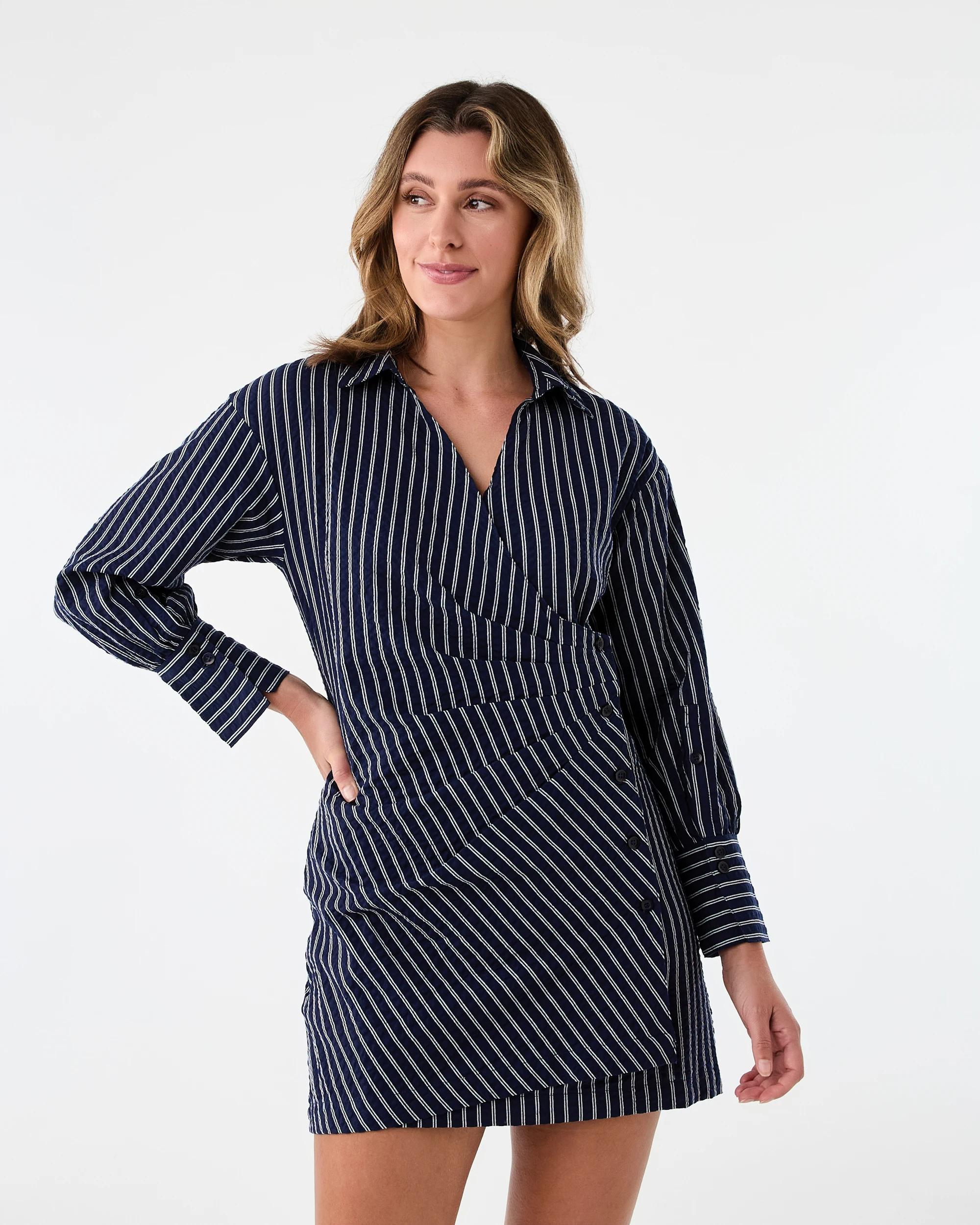 1 Long Sleeve Wrap Shirt Mini Dress Navy Strp, 1 of 8