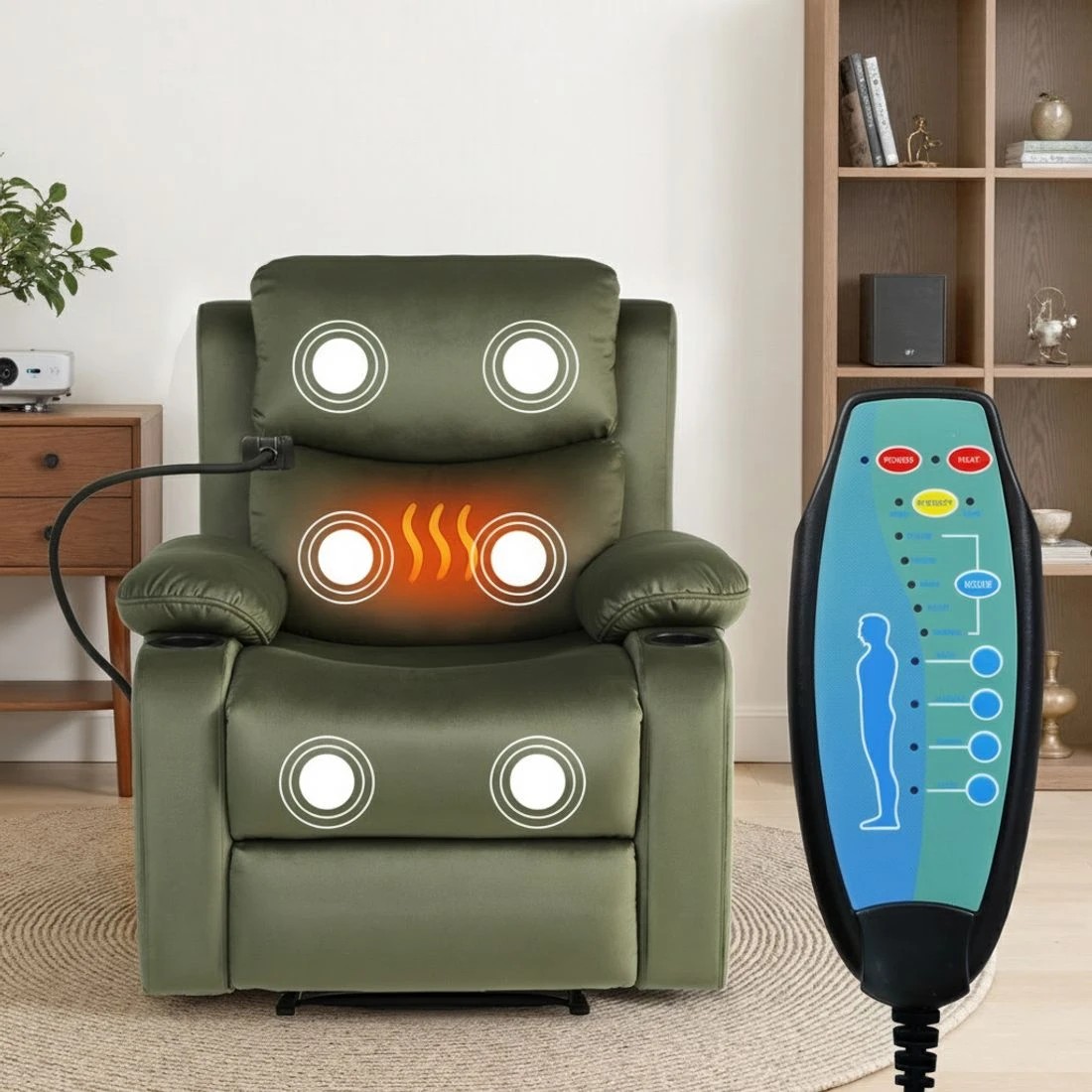 3 Artiss Recliner Chair Heated Massage Chair with Phone Holder - Green, 3 of 8